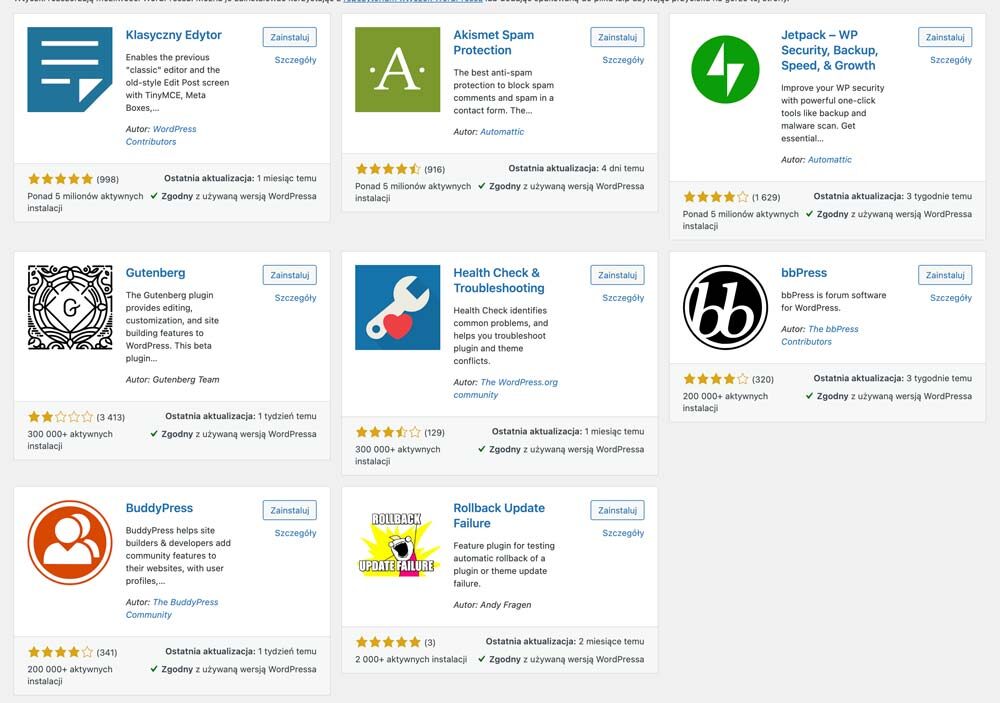 Katalog wtyczek w panelu WordPress