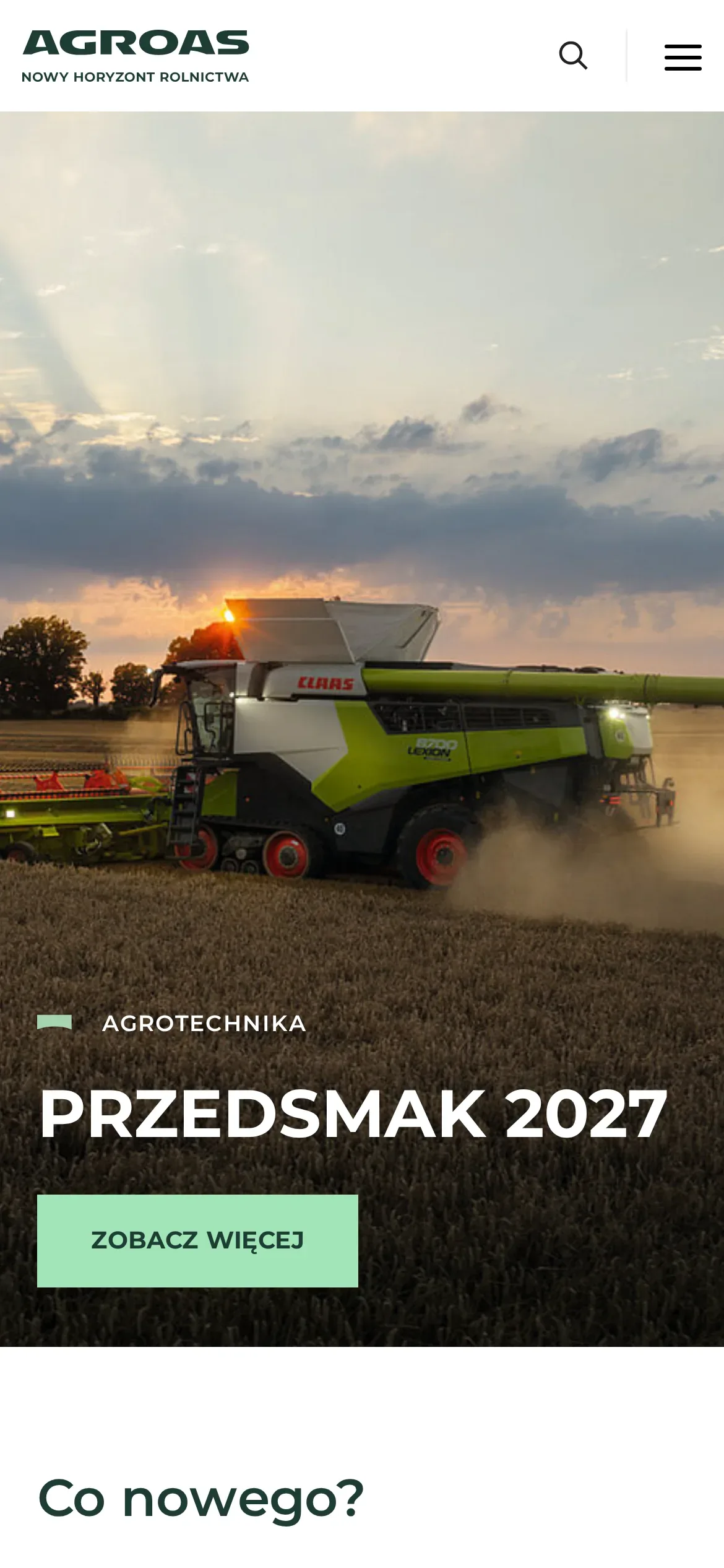 Strona główna AGROAS na telefonie: logo, ikona wyszukiwarki i przycisk menu, kombajn CLAAS na polu, slajd „Przedsmak 2027” z etykietą „Agrotechnika” i początek sekcji „Co nowego?”