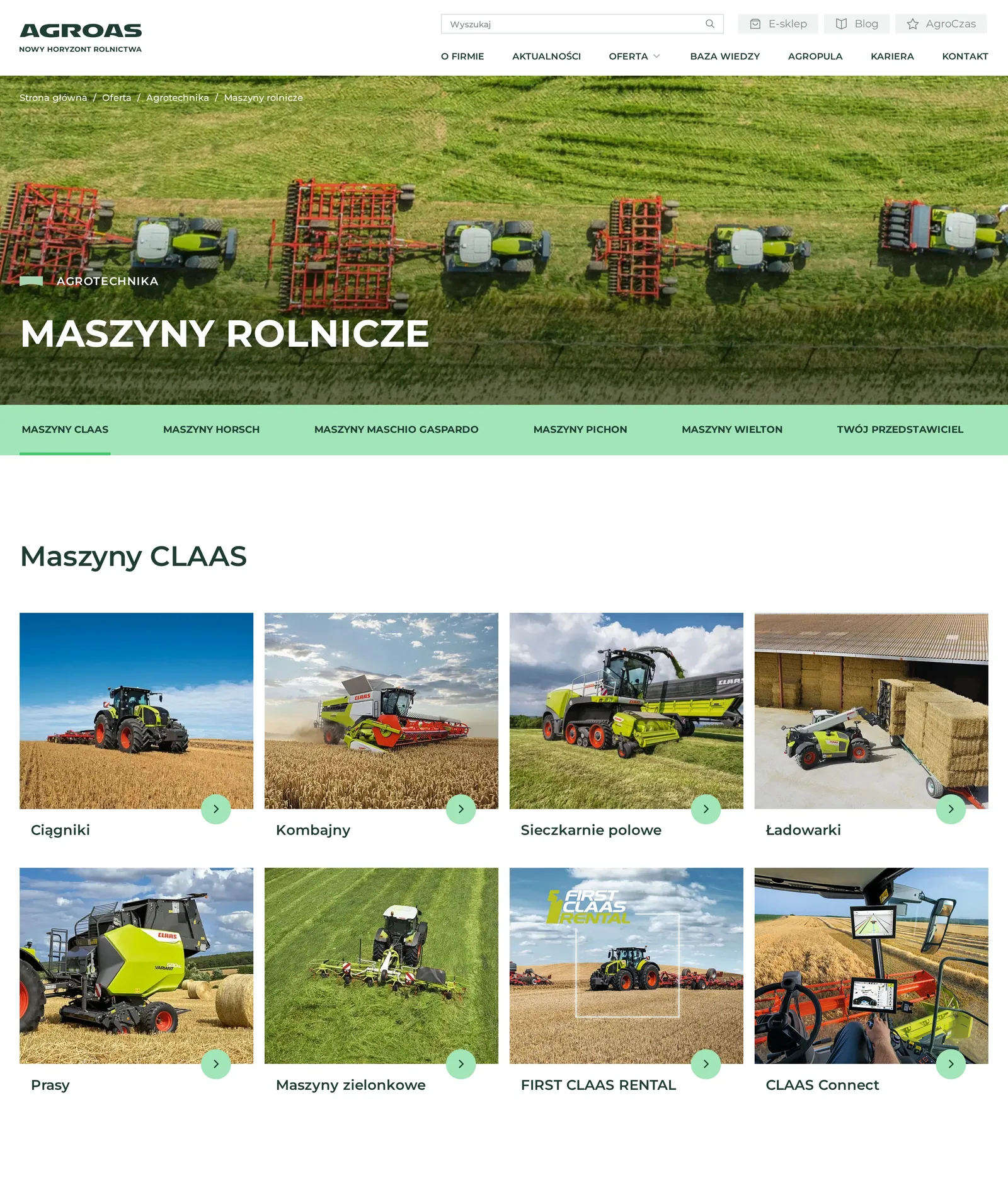 Podstrona „Maszyny rolnicze”: zdjęcie siewników w polu, pasek zakładek marek CLAAS, HORSCH, MASCHIO GASPARDO, PICHON, Wielton i „Twój przedstawiciel” oraz kafle grup maszyn CLAAS od ciągników po CLAAS Connect