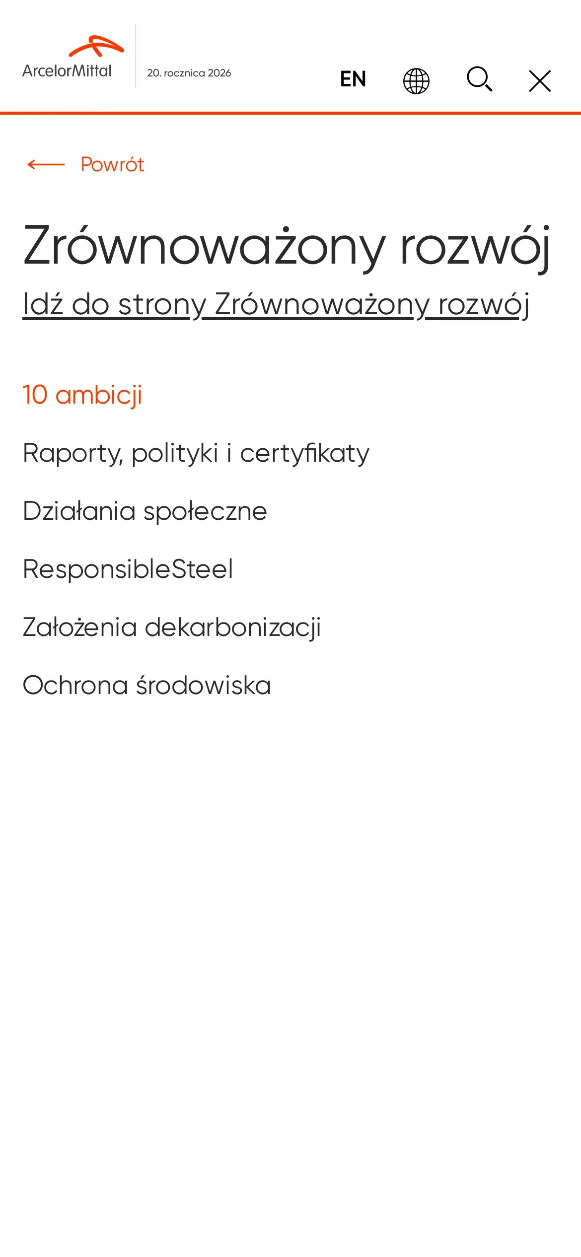 Menu ArcelorMittal Poland na telefonie: otwarty dział „Zrównoważony rozwój” z przyciskiem „Powrót”, odnośnikiem do strony działu i podstronami od „10 ambicji” po „Ochronę środowiska”