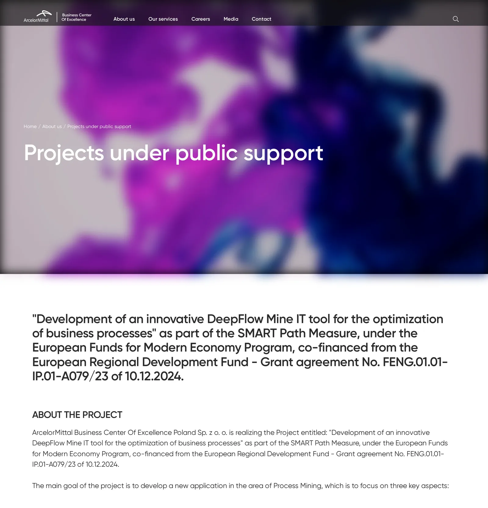 Podstrona „Projects under public support”: tytuł projektu DeepFlow Mine z numerem umowy o dofinansowanie i początek opisu „About the project”