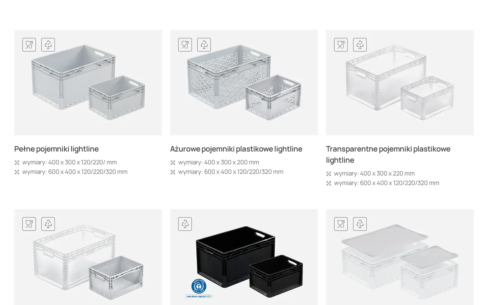 Strona serii lightline: kafle grup pełnych, ażurowych i transparentnych pojemników z ikonami atestów i wymiarami