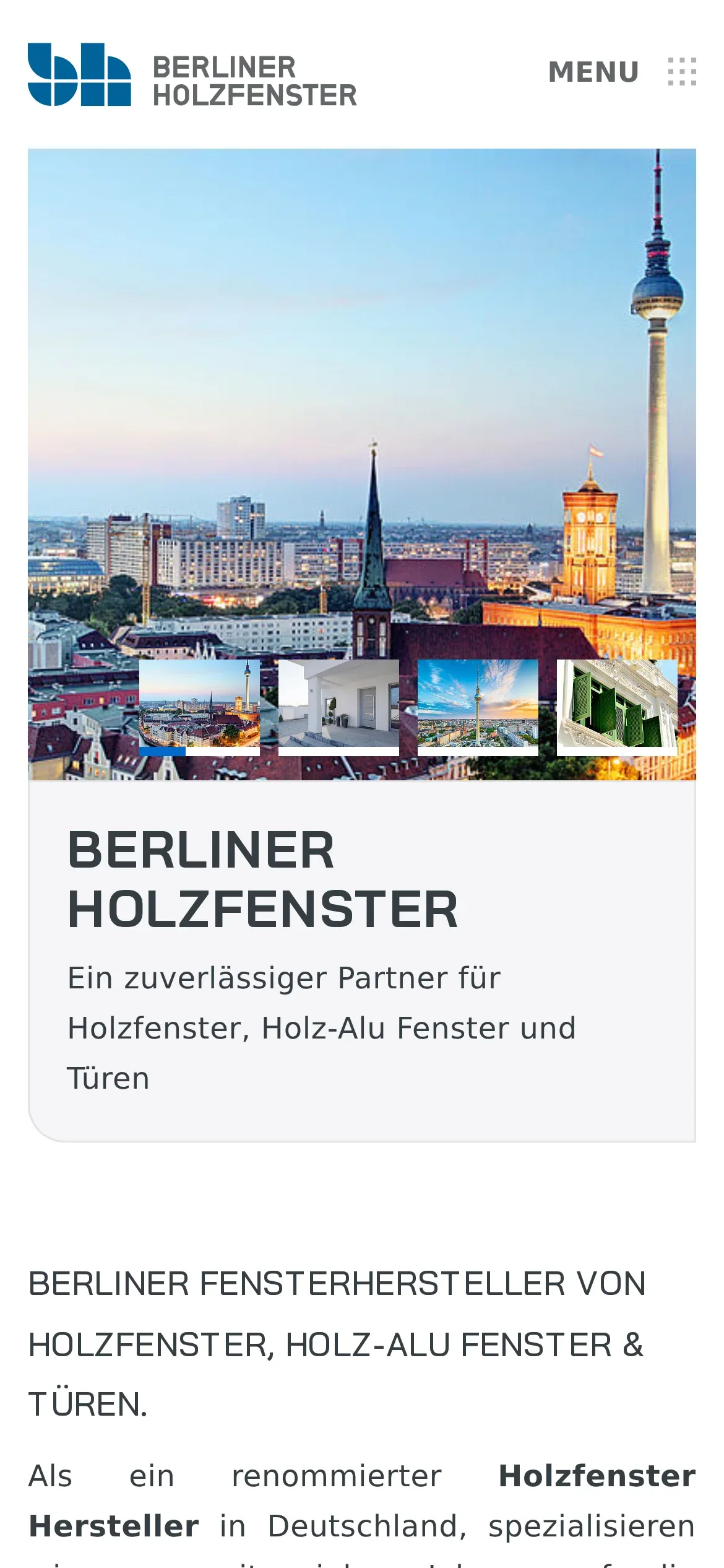 Strona główna Berliner Holzfenster na telefonie: logo i przycisk menu, zdjęcie z miniaturami slidera i karta z hasłem o oknach drewnianych i drewniano-aluminiowych