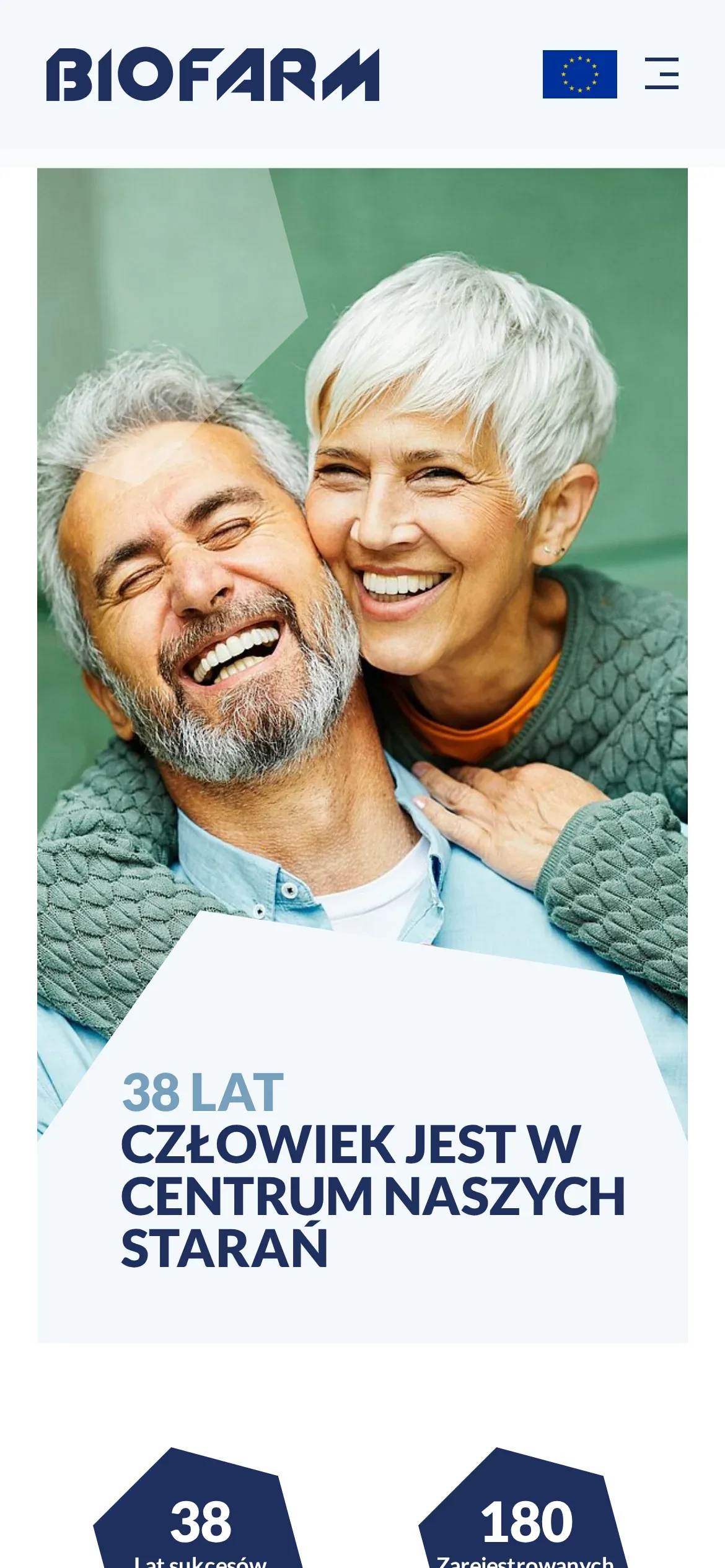 Strona główna Biofarm na telefonie: logo, przycisk menu, zdjęcie w sliderze z hasłem „38 lat – człowiek jest w centrum naszych starań” i pierwsze liczby w heksagonach