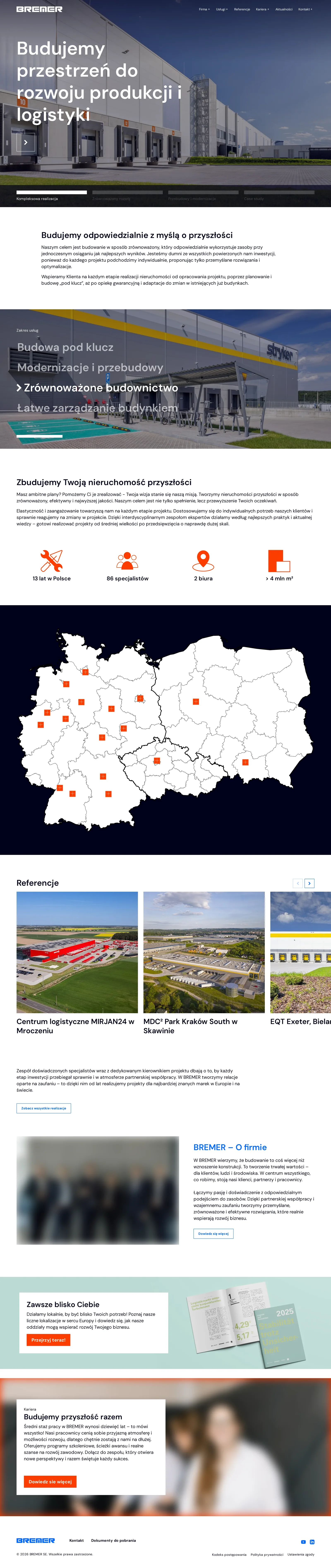 Cała strona główna BREMER Polska: slajder, wstęp o budowaniu zrównoważonym, lista usług na zdjęciu hali, liczniki firmy, mapa oddziałów w Niemczech, Polsce i Czechach, karty referencji, sekcje o firmie, lokalizacjach i karierze oraz stopka
