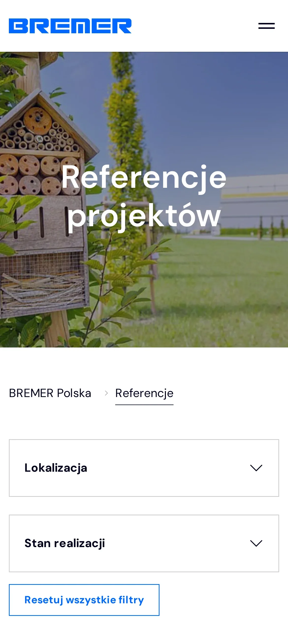 Referencje na telefonie: nagłówek „Referencje projektów”, rozwijane filtry Lokalizacja i Stan realizacji oraz przycisk „Resetuj wszystkie filtry”