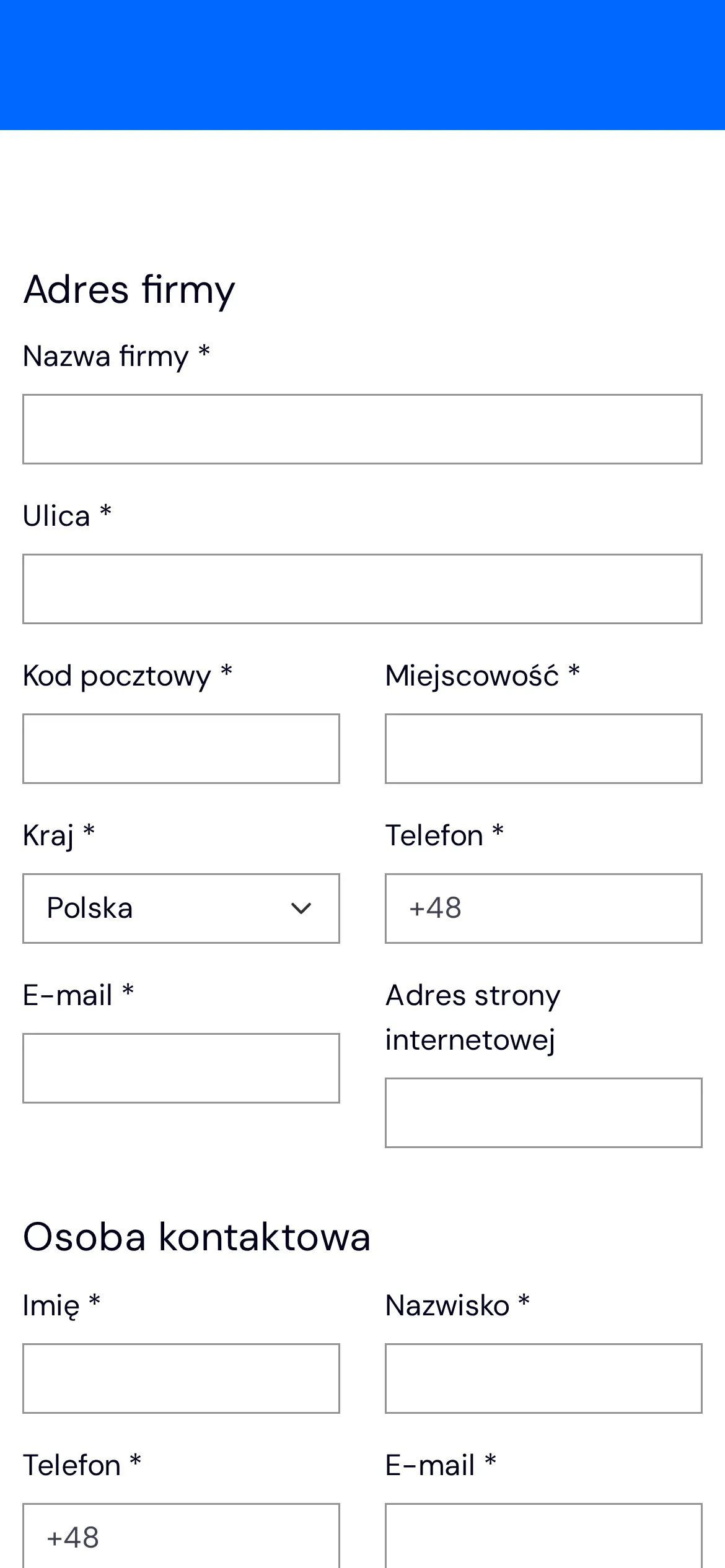 Formularz podwykonawcy na telefonie: pola adresu firmy – nazwa, ulica, kod, miejscowość, kraj, telefon, e-mail i strona internetowa – oraz pola osoby kontaktowej