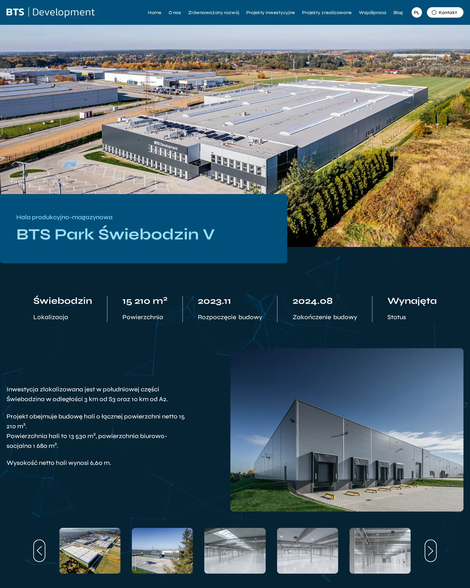 Karta hali BTS Park Świebodzin V na komputerze: zdjęcie lotnicze, pasek parametrów (Świebodzin, 15 210 m², budowa 2023.11–2024.08, status „Wynajęta”), opis inwestycji, zdjęcie doków i galeria miniatur