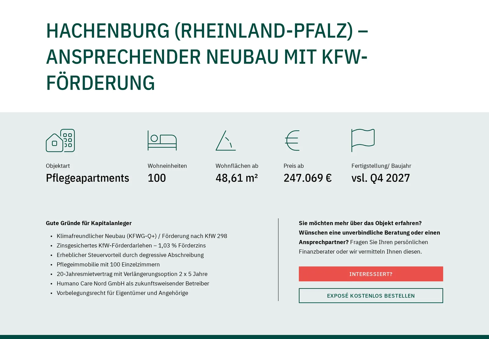 Strona obiektu Hachenburg na komputerze: typ nieruchomości, 100 jednostek, powierzchnia od 48,61 m², cena od 247 069 €, planowane ukończenie, lista zalet dla inwestora i przyciski zapytania oraz exposé