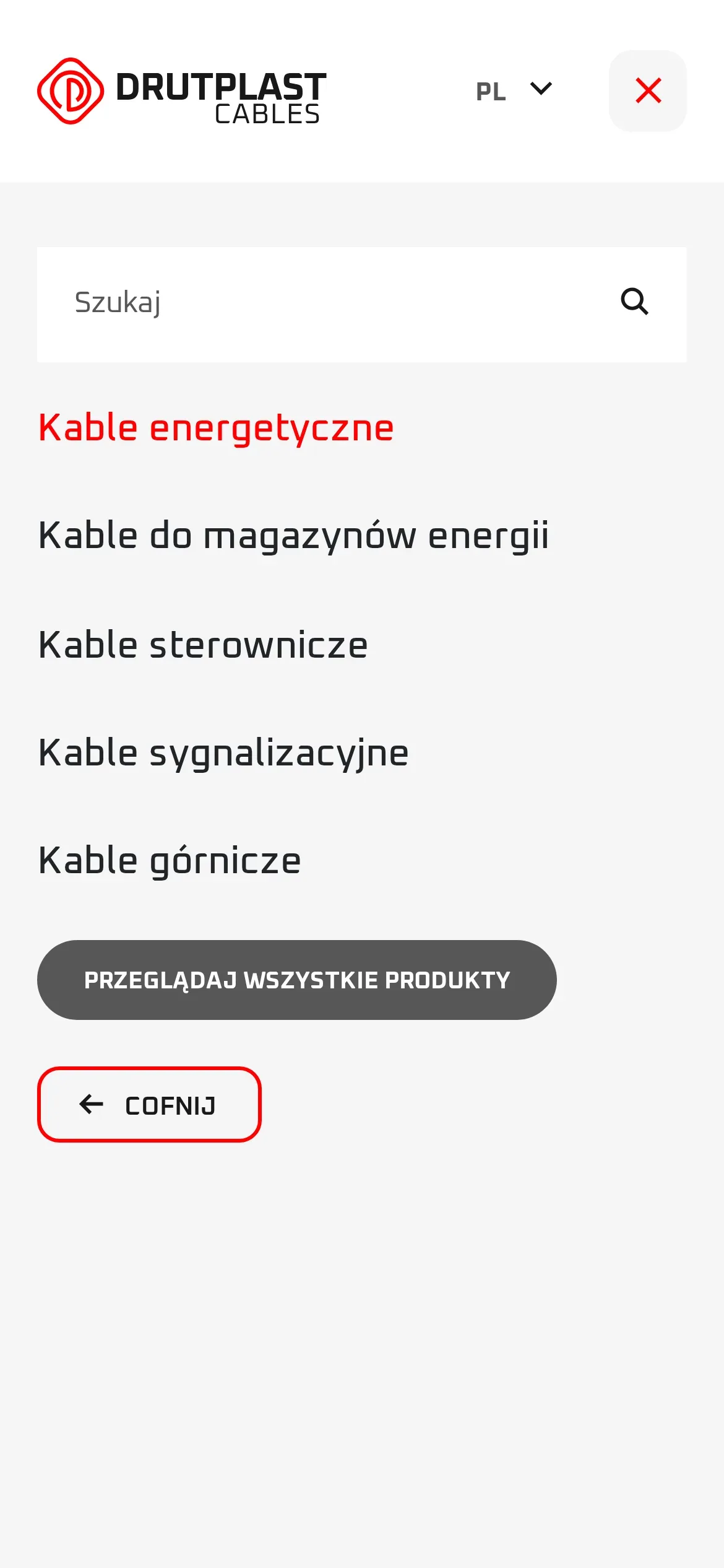 Otwarte menu na telefonie, poziom „Produkty”: pole wyszukiwania, pięć grup kabli od energetycznych po górnicze, przycisk „Przeglądaj wszystkie produkty” i „Cofnij”