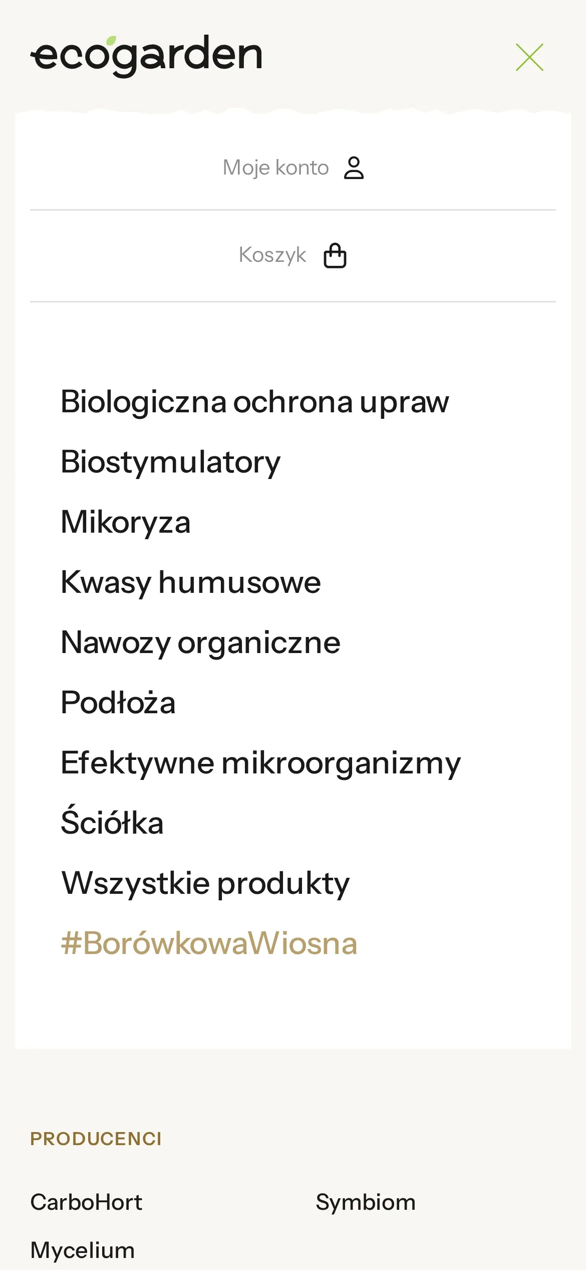 Otwarte menu Ecogarden na telefonie: konto i koszyk, lista ośmiu kategorii, „Wszystkie produkty”, wyróżniony odnośnik #BorówkowaWiosna i początek listy producentów