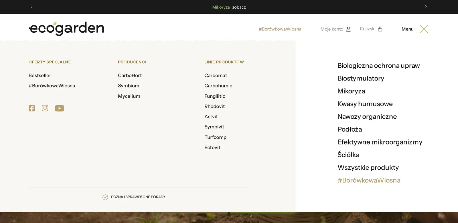 Rozwinięte menu Ecogarden na komputerze: kolumny ofert specjalnych, producentów CarboHort, Symbiom i Mycelium oraz ośmiu linii produktów, a po prawej lista kategorii