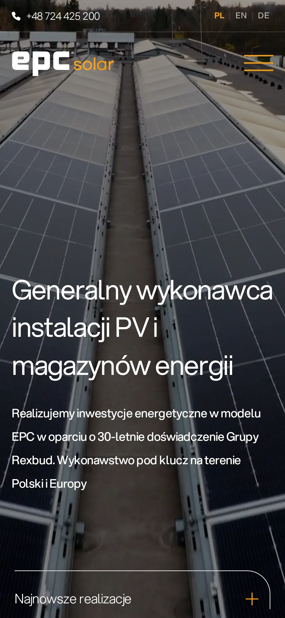 Strona główna EPC Solar na telefonie: hasło „Generalny wykonawca instalacji PV i magazynów energii”, opis modelu EPC w Grupie Rexbud i rozwijana lista „Najnowsze realizacje”