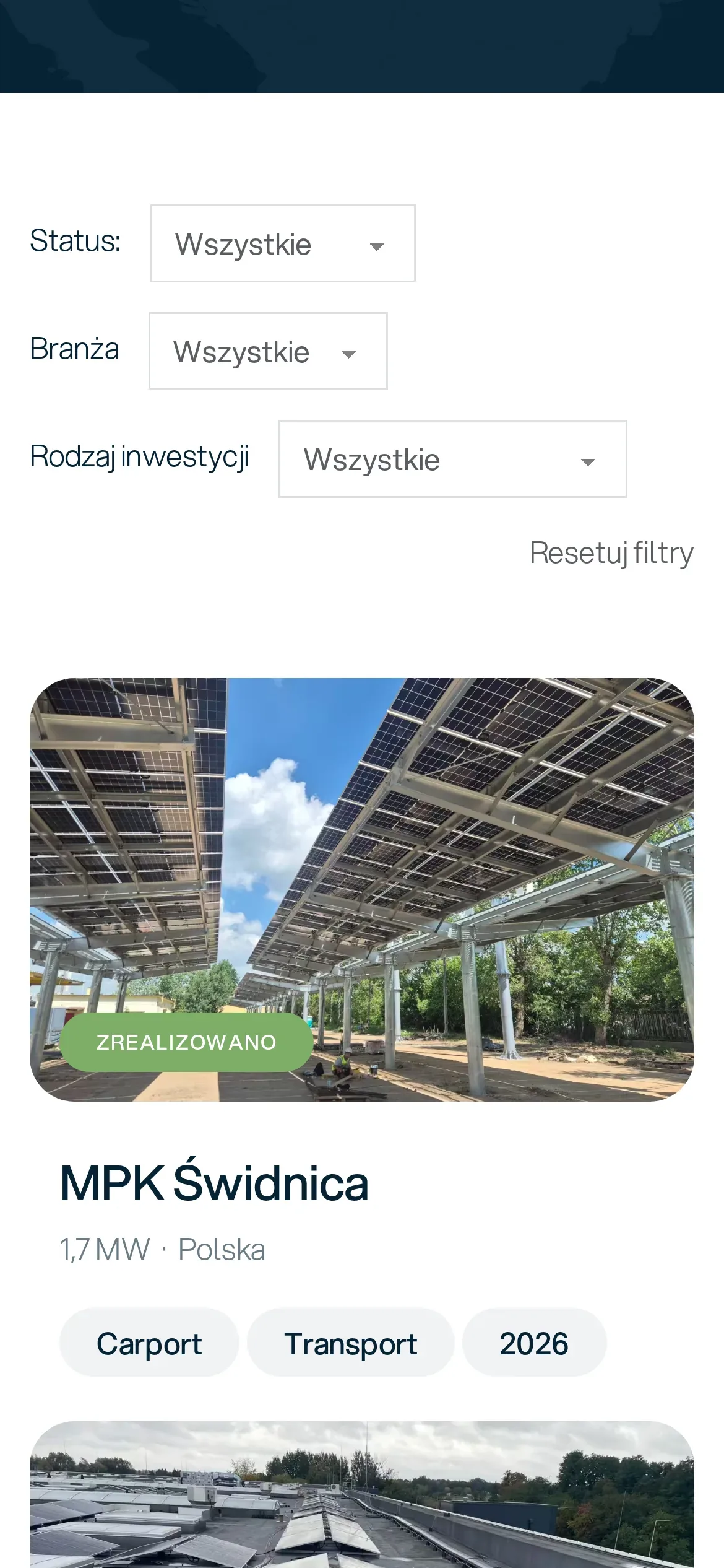 Lista realizacji EPC Solar na telefonie: filtry statusu, branży i rodzaju inwestycji oraz karta carportu fotowoltaicznego MPK Świdnica z etykietami