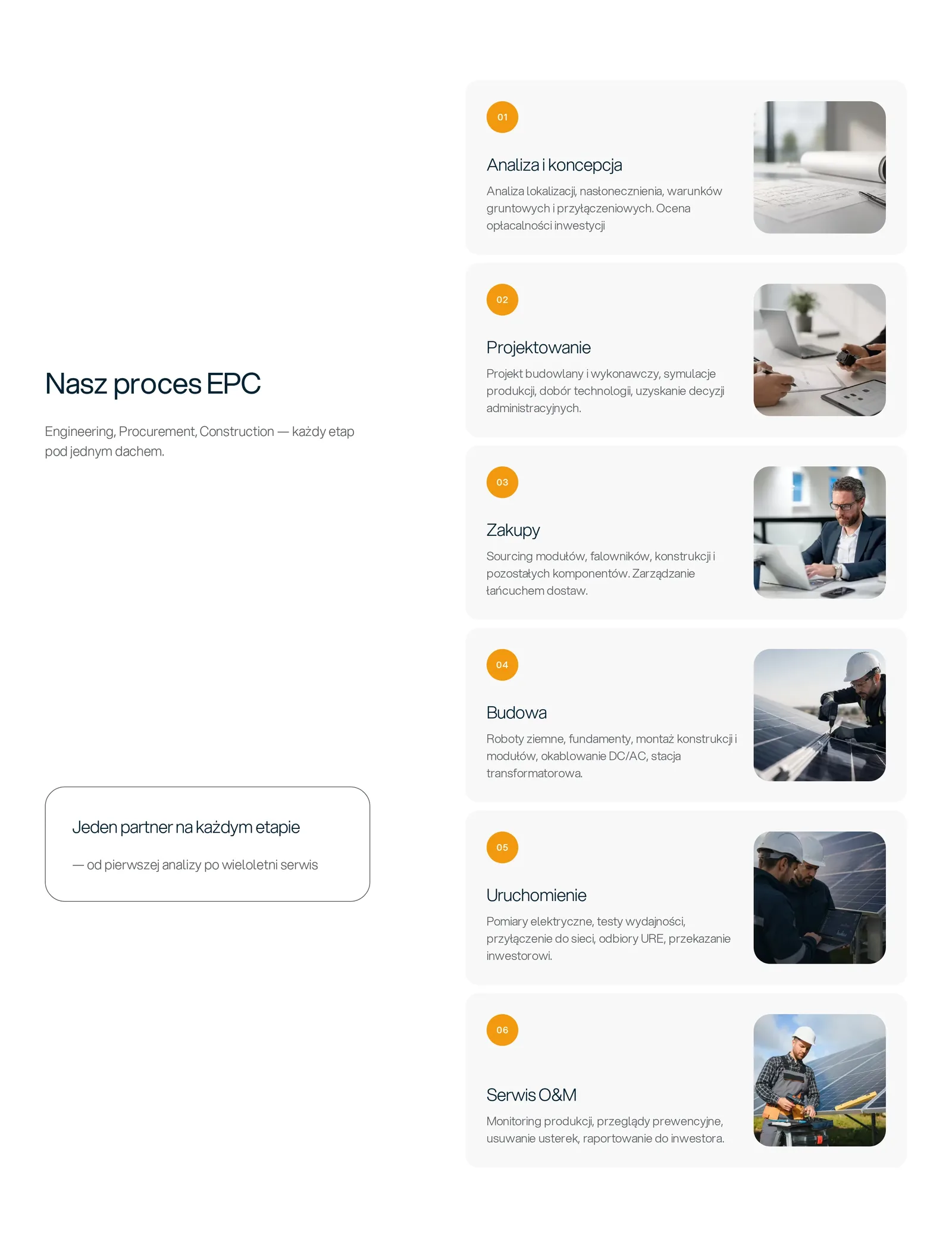 Sekcja „Nasz proces EPC” na komputerze: sześć numerowanych kart ze zdjęciami – analiza i koncepcja, projektowanie, zakupy, budowa, uruchomienie, serwis O&M – obok hasła „Jeden partner na każdym etapie”