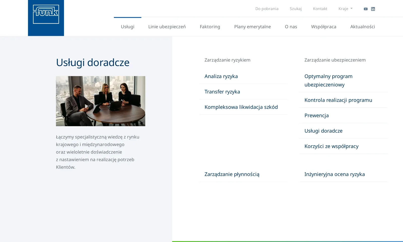 Rozwinięte menu „Usługi” na komputerze: po lewej „Usługi doradcze” ze zdjęciem zespołu i opisem, po prawej grupy „Zarządzanie ryzykiem” i „Zarządzanie ubezpieczeniem” z podstronami oraz zarządzanie płynnością i inżynieryjna ocena ryzyka