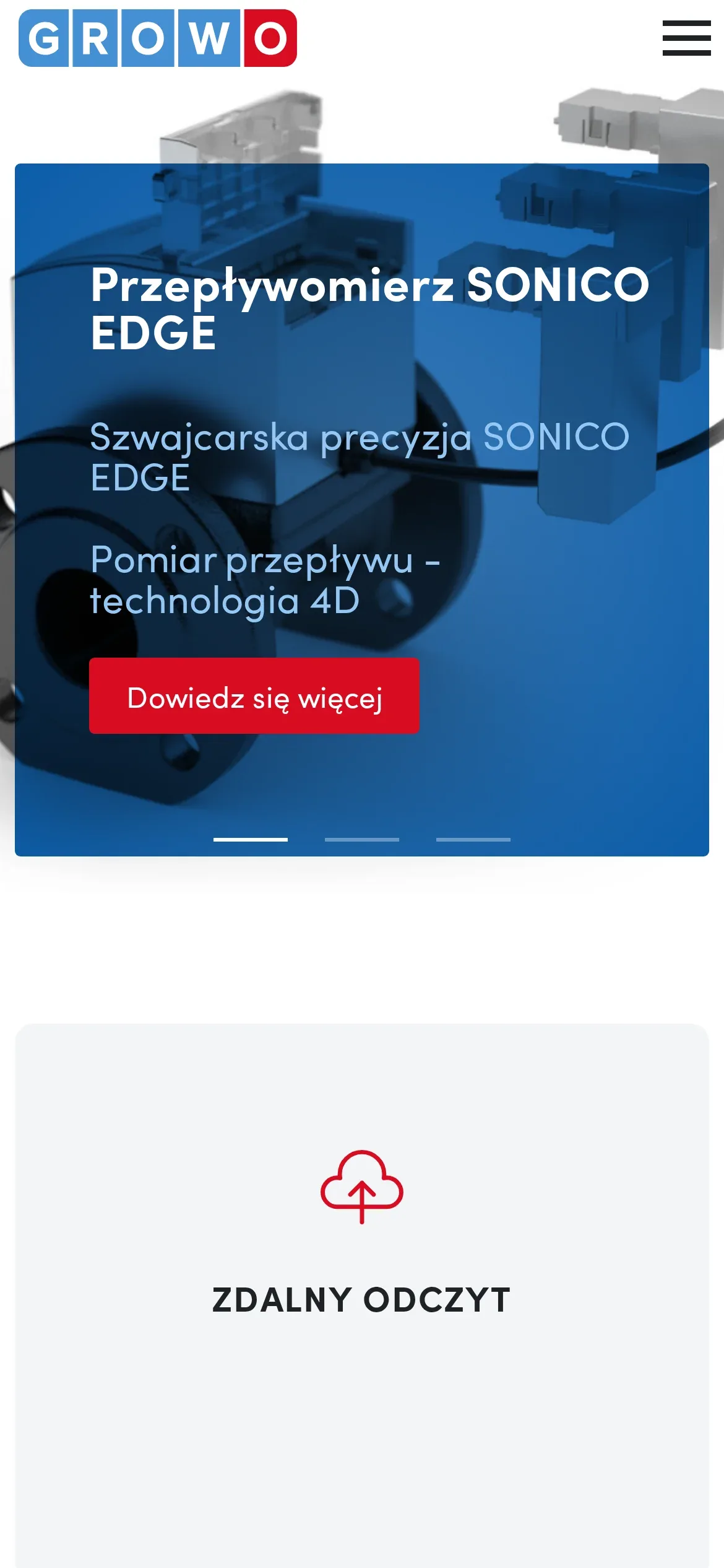 Strona główna GROWO na telefonie: logo, przycisk menu, slajd o przepływomierzu SONICO EDGE z przyciskiem „Dowiedz się więcej” i początek kafla „Zdalny odczyt”