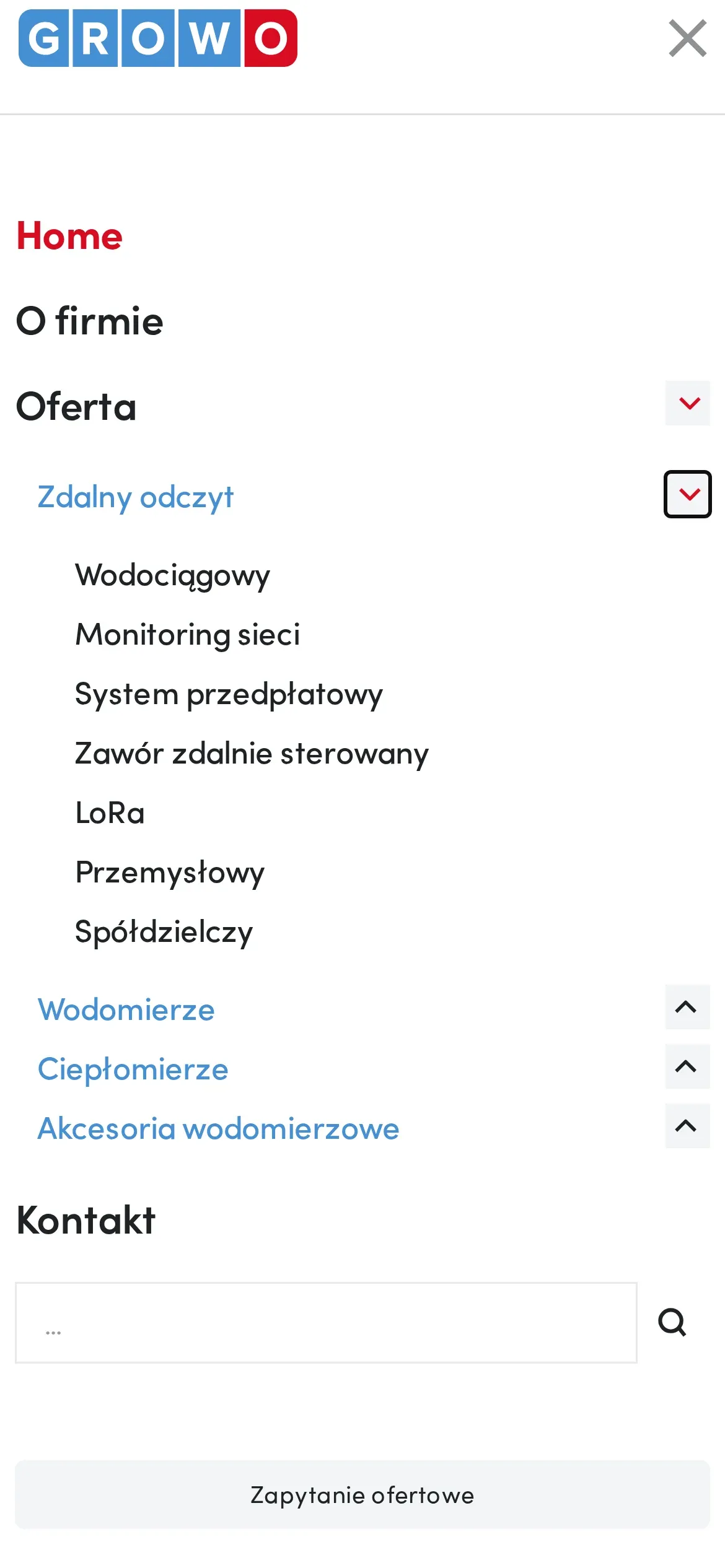 Otwarte menu GROWO na telefonie: rozwinięta oferta z działem „Zdalny odczyt” i jego siedmioma kategoriami, pozostałe działy, wyszukiwarka i przycisk zapytania ofertowego