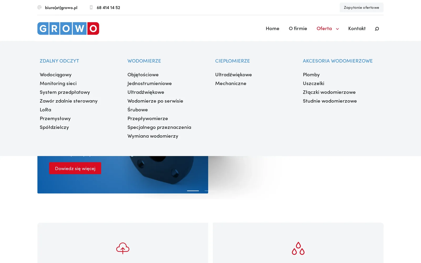 Rozwinięte menu „Oferta” na komputerze: cztery kolumny – zdalny odczyt, wodomierze, ciepłomierze i akcesoria wodomierzowe – z listami kategorii
