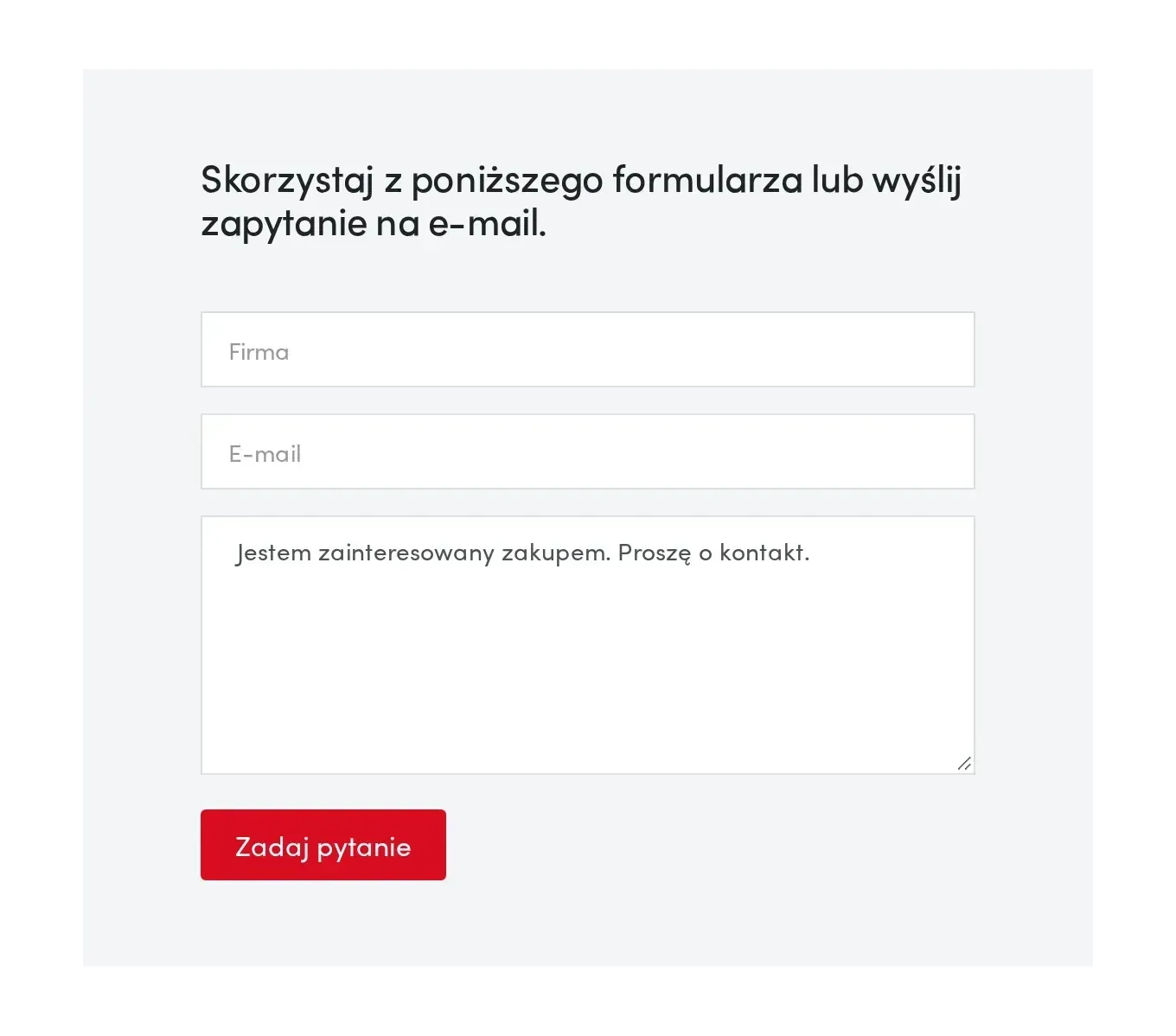 Formularz zapytania na stronie kontaktu GROWO: pola nazwy firmy i e-maila, wiadomość z gotowym tekstem „Jestem zainteresowany zakupem. Proszę o kontakt.” i przycisk „Zadaj pytanie”