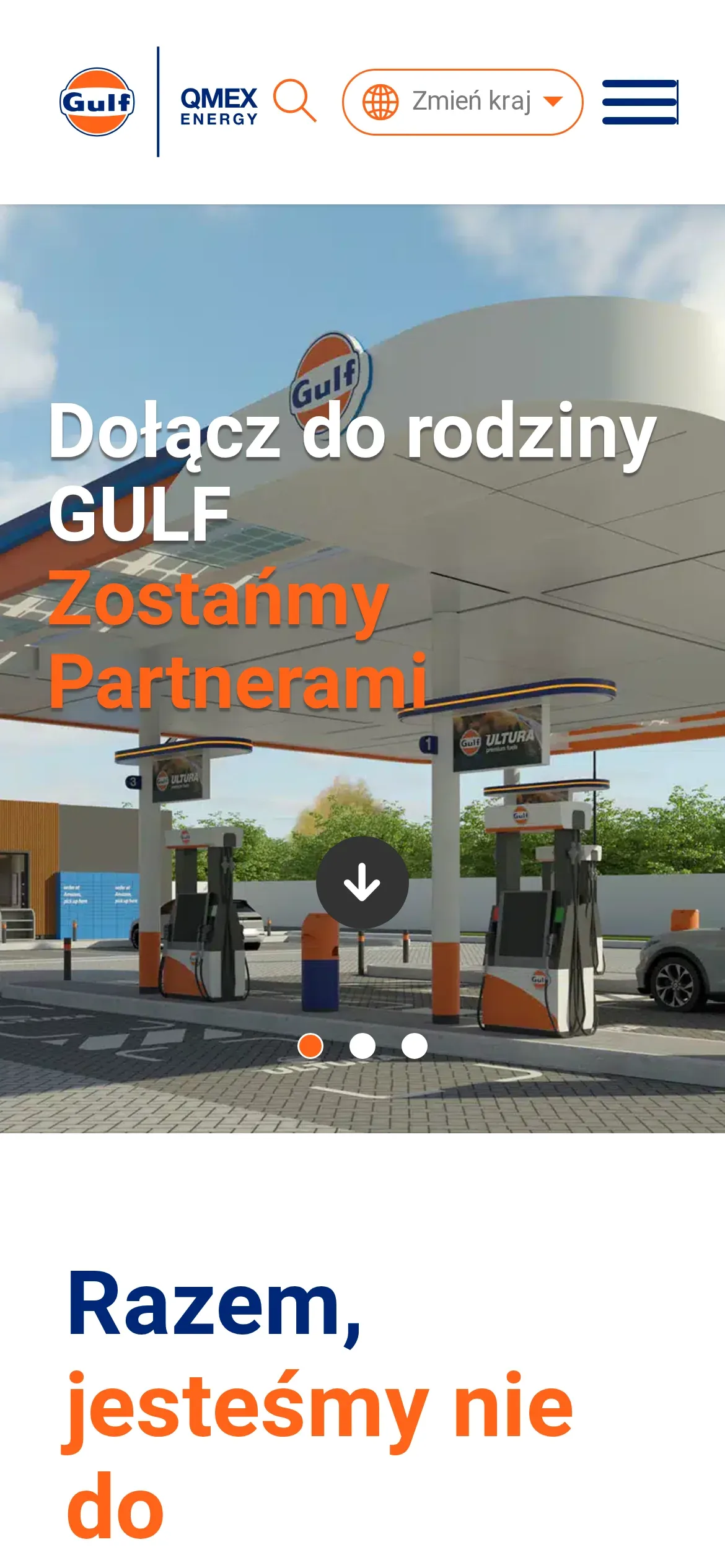 Strona główna Gulf Paliwa na telefonie: logo, wyszukiwarka, przycisk „Zmień kraj” i menu nad sliderem z wizualizacją stacji i hasłem „Dołącz do rodziny GULF”