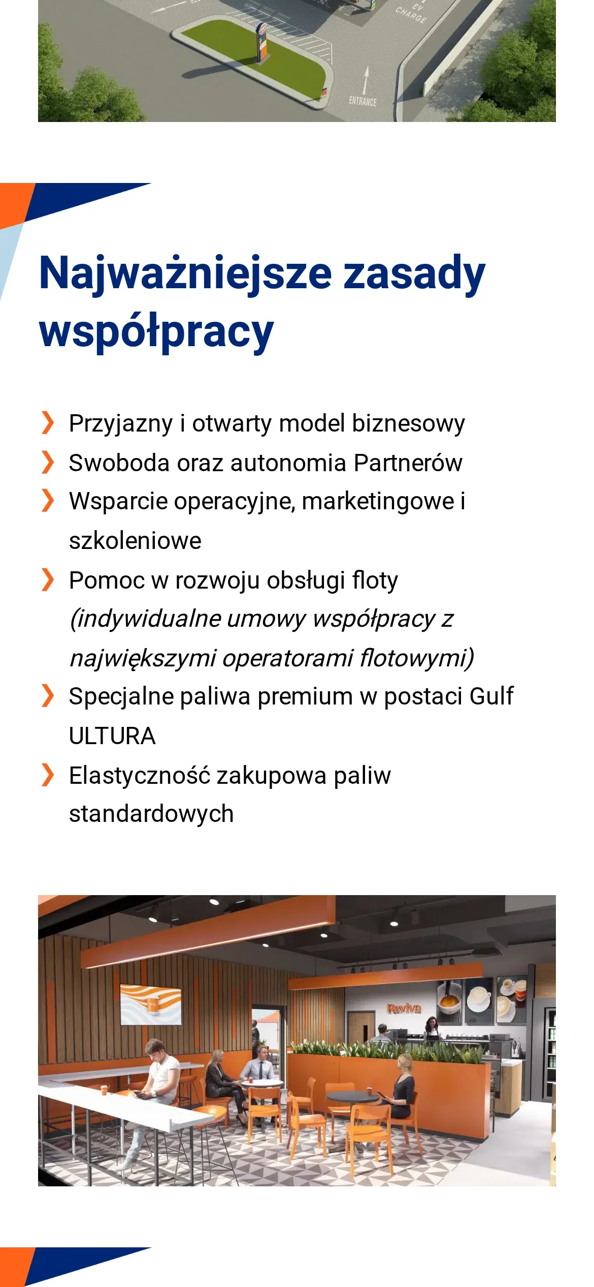 Strona „Stacje paliw” na telefonie: lista „Najważniejsze zasady współpracy” i wizualizacja strefy gastronomicznej stacji