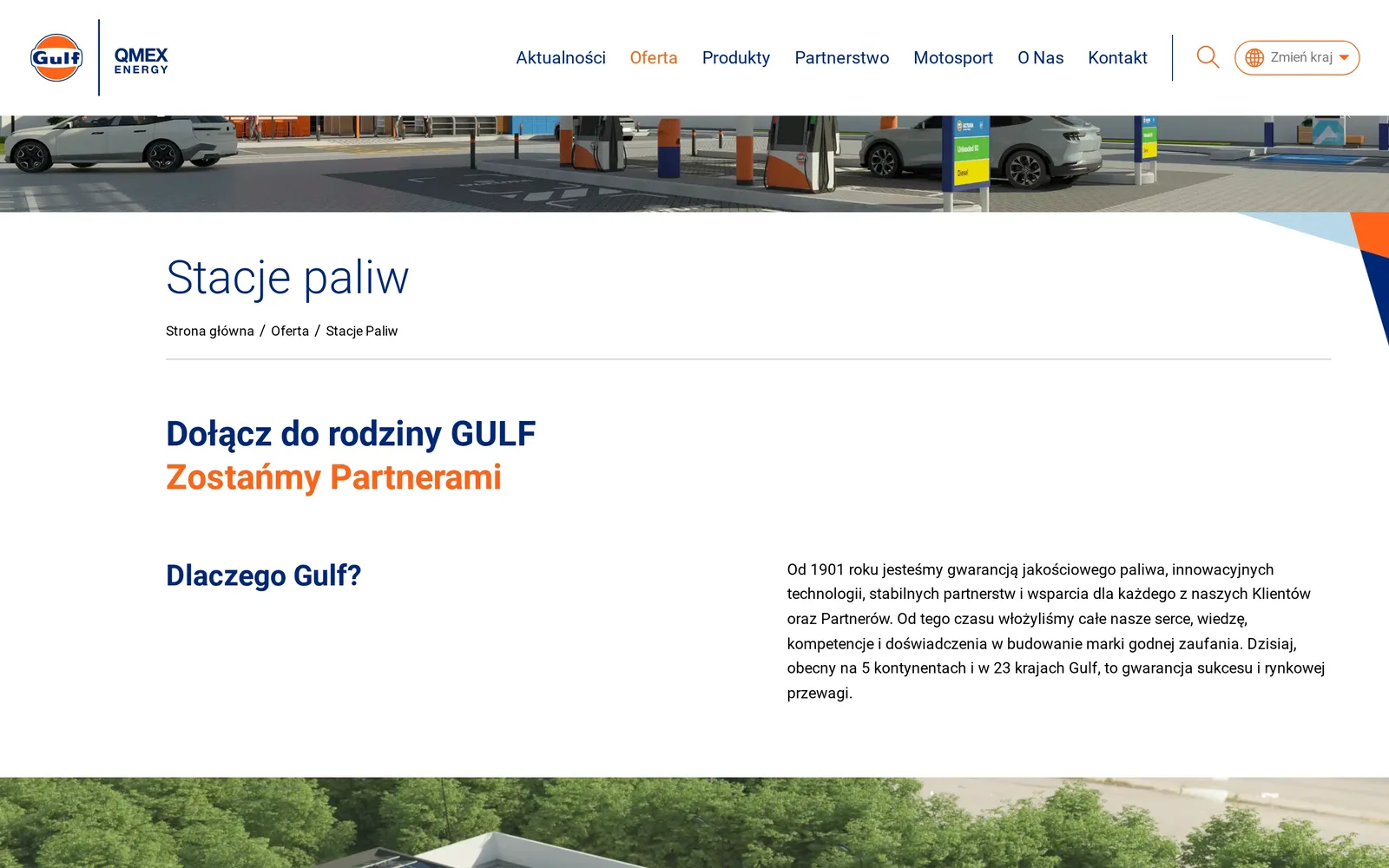 Strona „Stacje paliw” na komputerze: tytuł z okruszkami, hasło „Dołącz do rodziny GULF – Zostańmy Partnerami” i akapit „Dlaczego Gulf?”