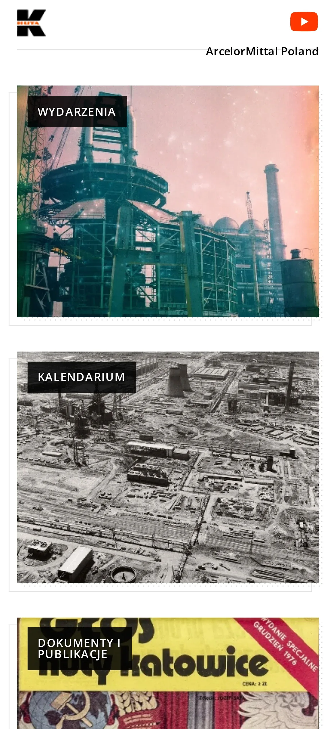 Strona główna HKpedia na telefonie: logo, przycisk YouTube i kafle działów Wydarzenia, Kalendarium oraz Dokumenty i publikacje jeden pod drugim