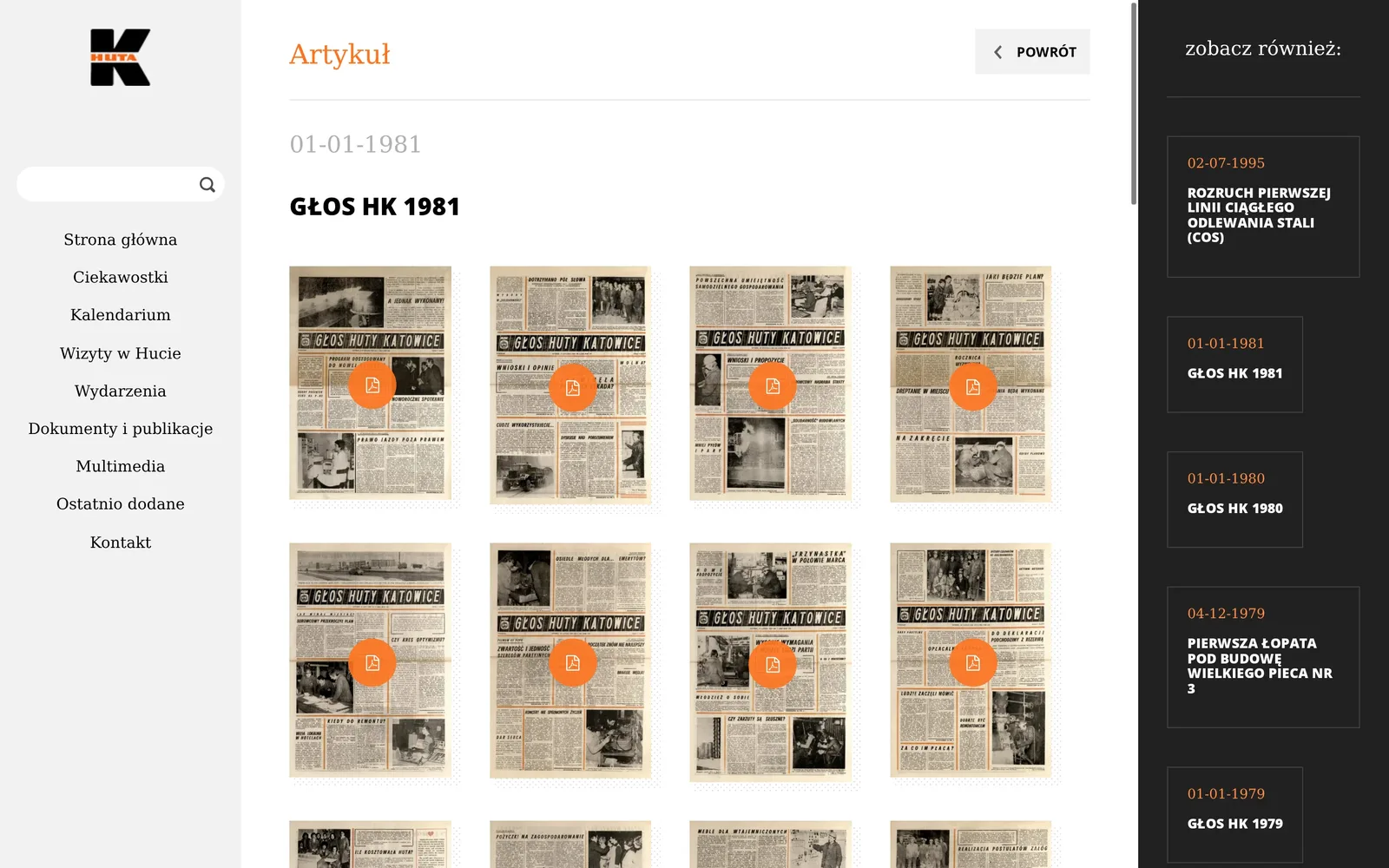 Wpis „Głos HK 1981”: miniatury pierwszych stron kolejnych numerów gazety zakładowej z ikoną PDF i kolumna „zobacz również” z innymi wpisami