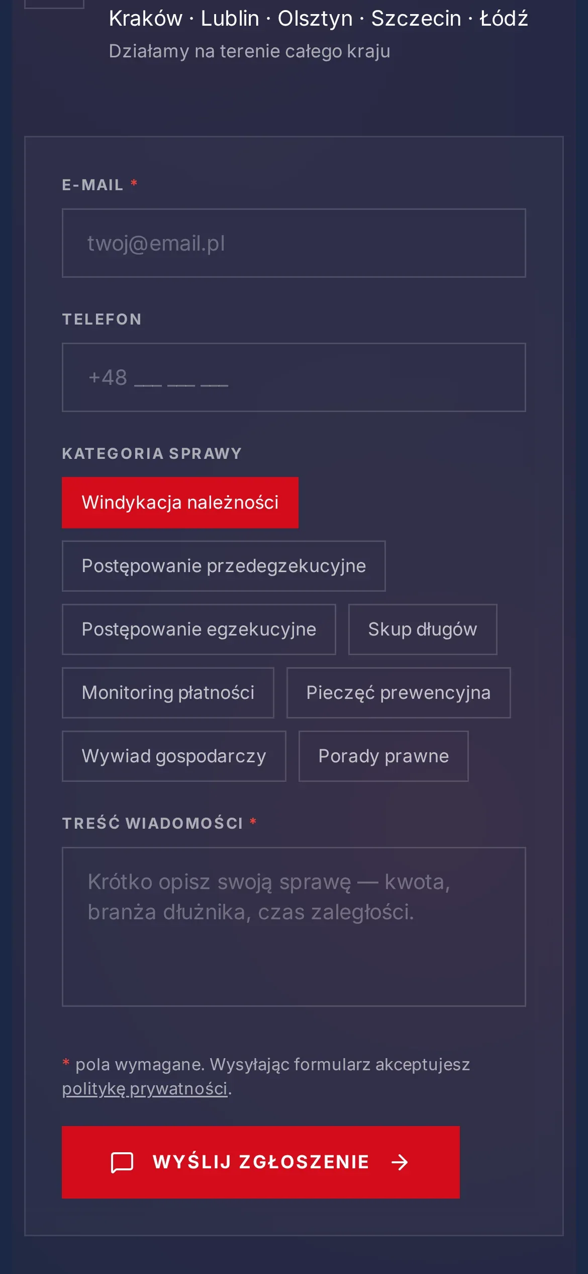 Pusty formularz zgłoszenia sprawy na telefonie: e-mail, telefon, kategoria sprawy do wyboru przyciskami, treść wiadomości i przycisk „Wyślij zgłoszenie”