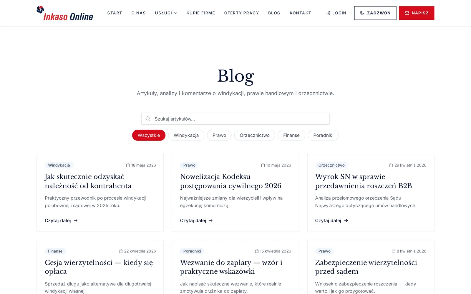 Blog Inkaso On-Line na komputerze: wyszukiwarka artykułów, filtry kategorii i karty wpisów z kategorią i datą publikacji