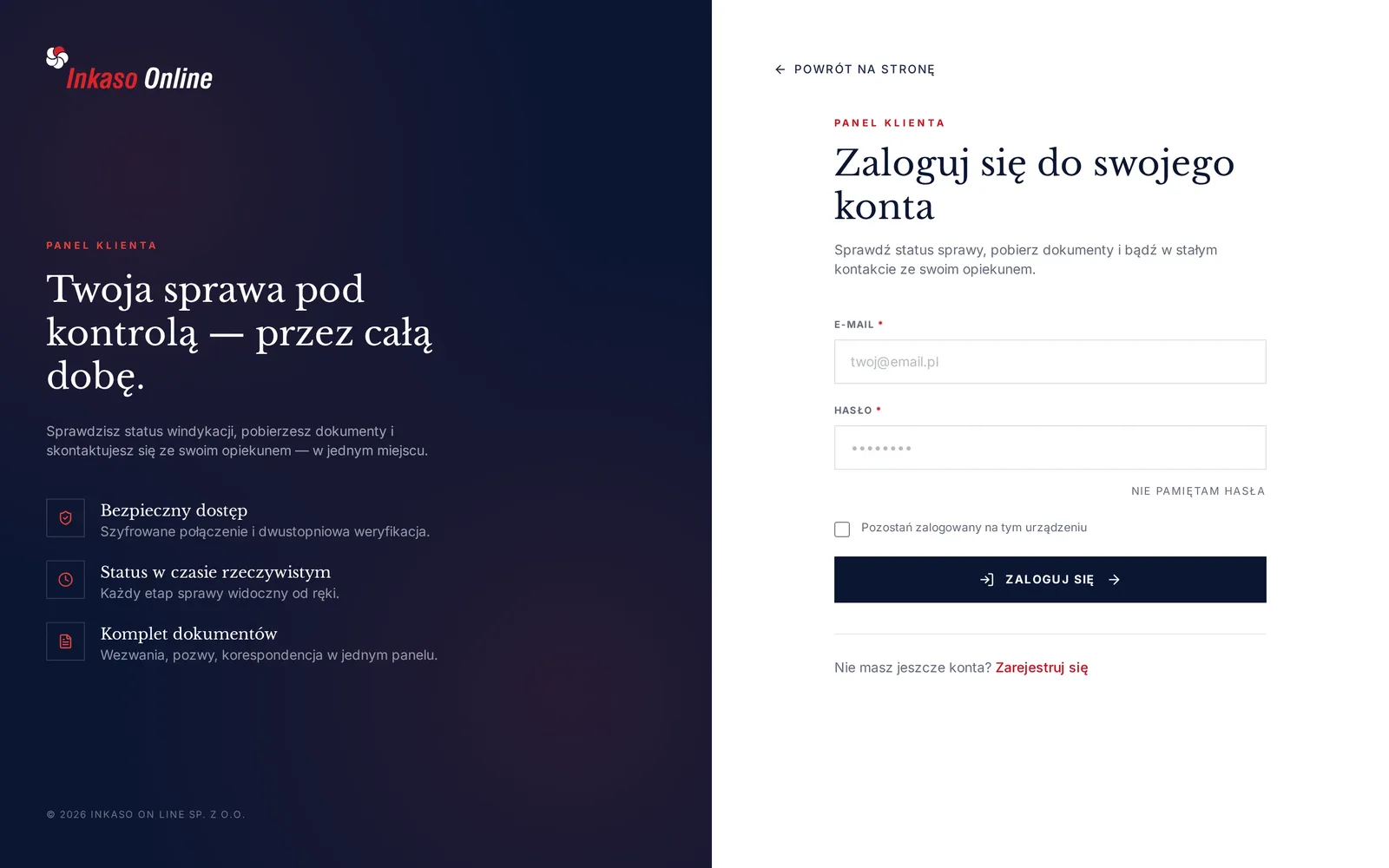 Strona logowania do panelu klienta Inkaso On-Line: opis korzyści panelu po lewej i pusty formularz logowania po prawej