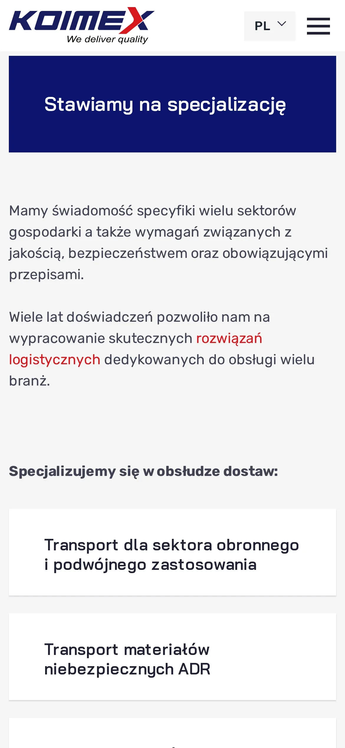 Część „Stawiamy na specjalizację” na telefonie: opis i pierwsze kafle specjalizacji transportowych jeden pod drugim