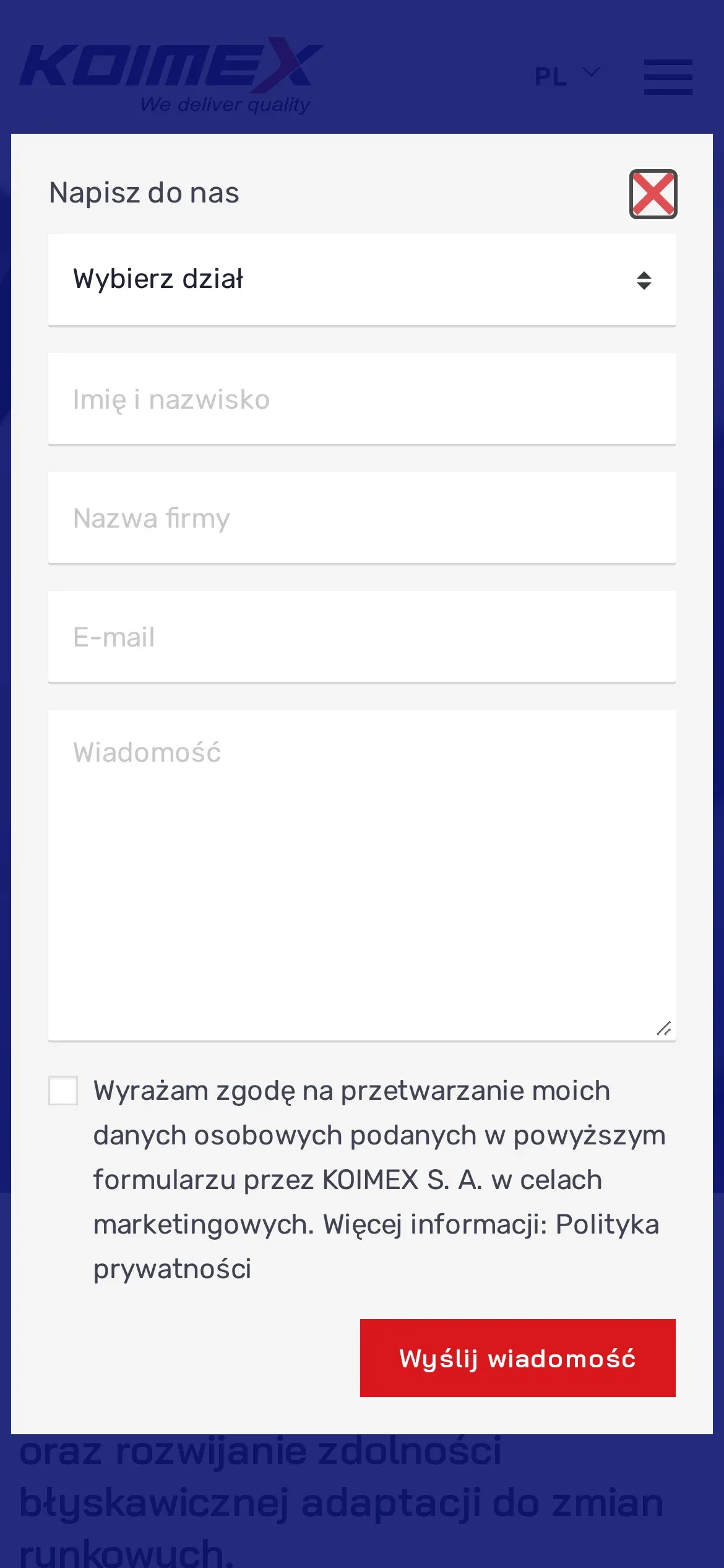 Okno „Napisz do nas” na telefonie: wybór działu, pola imienia, firmy, e-maila i wiadomości, zgoda i przycisk „Wyślij wiadomość”