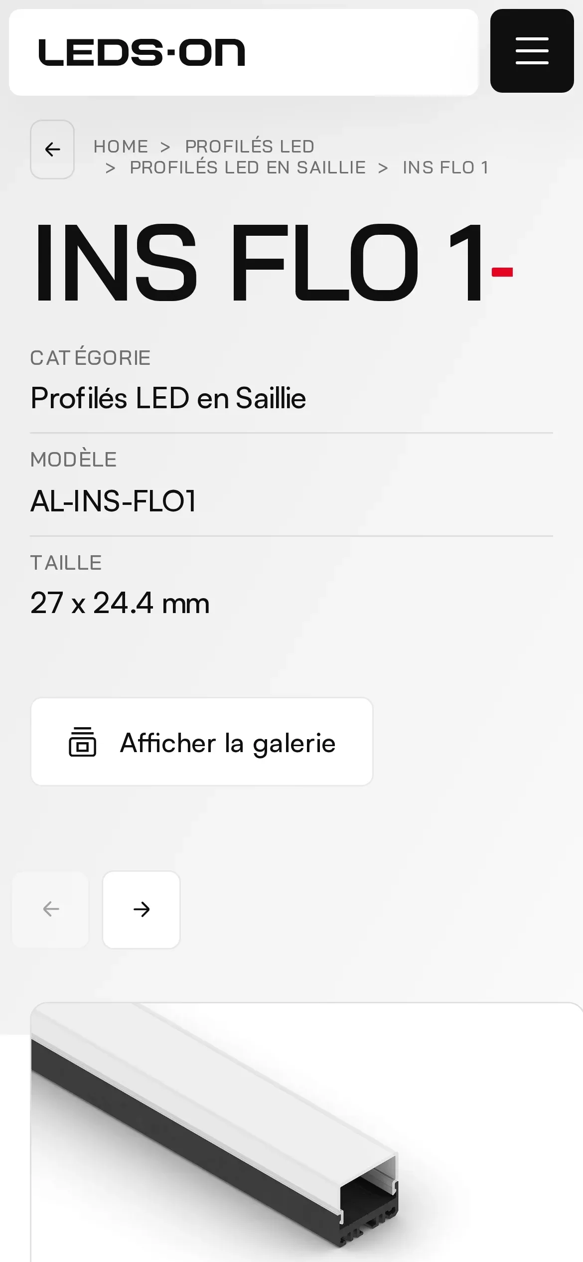 Karta profilu INS FLO 1 we francuskiej wersji strony na telefonie: okruszki „Profilés LED en saillie”, kategoria, model i wymiary przekroju