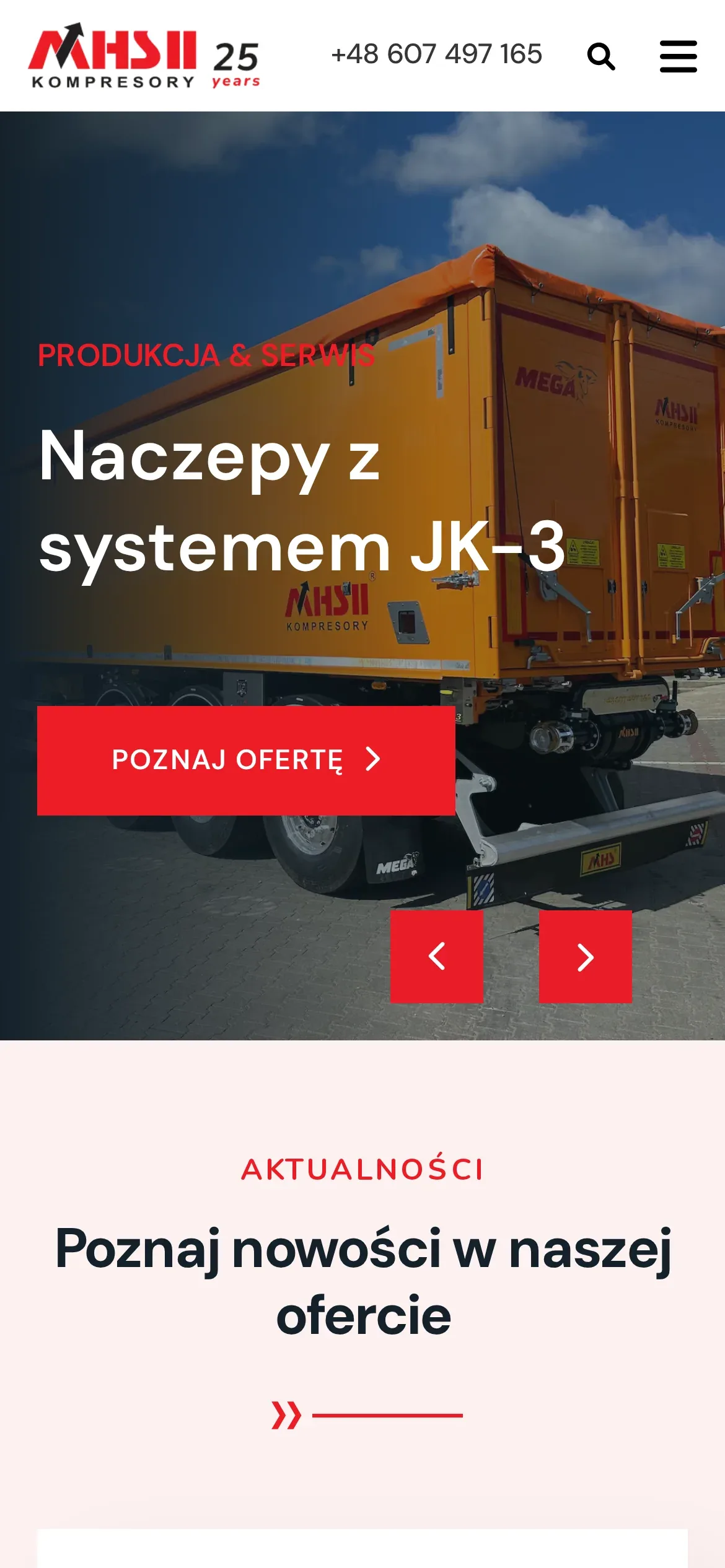 Strona główna MHS II Kompresory na telefonie: logo, telefon, wyszukiwarka i menu nad sliderem „Naczepy z systemem JK-3”, poniżej początek sekcji aktualności