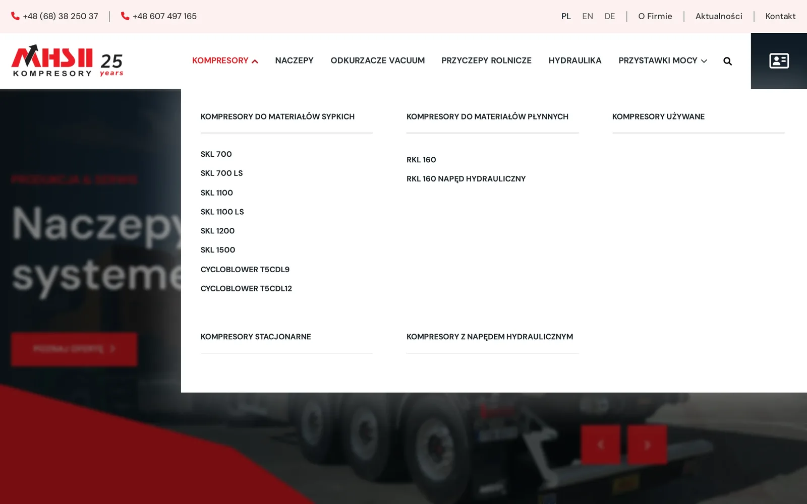 Rozwinięta lista „Kompresory” na komputerze: kolumny kompresorów do materiałów sypkich z modelami SKL i Cycloblower, do materiałów płynnych z RKL 160, używanych, stacjonarnych i z napędem hydraulicznym