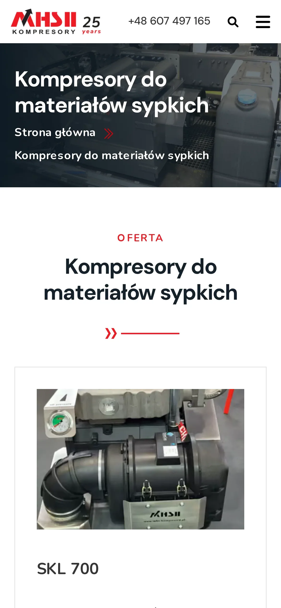 Strona kompresorów do materiałów sypkich po polsku na telefonie: nagłówek, etykieta „Oferta” i karta modelu SKL 700