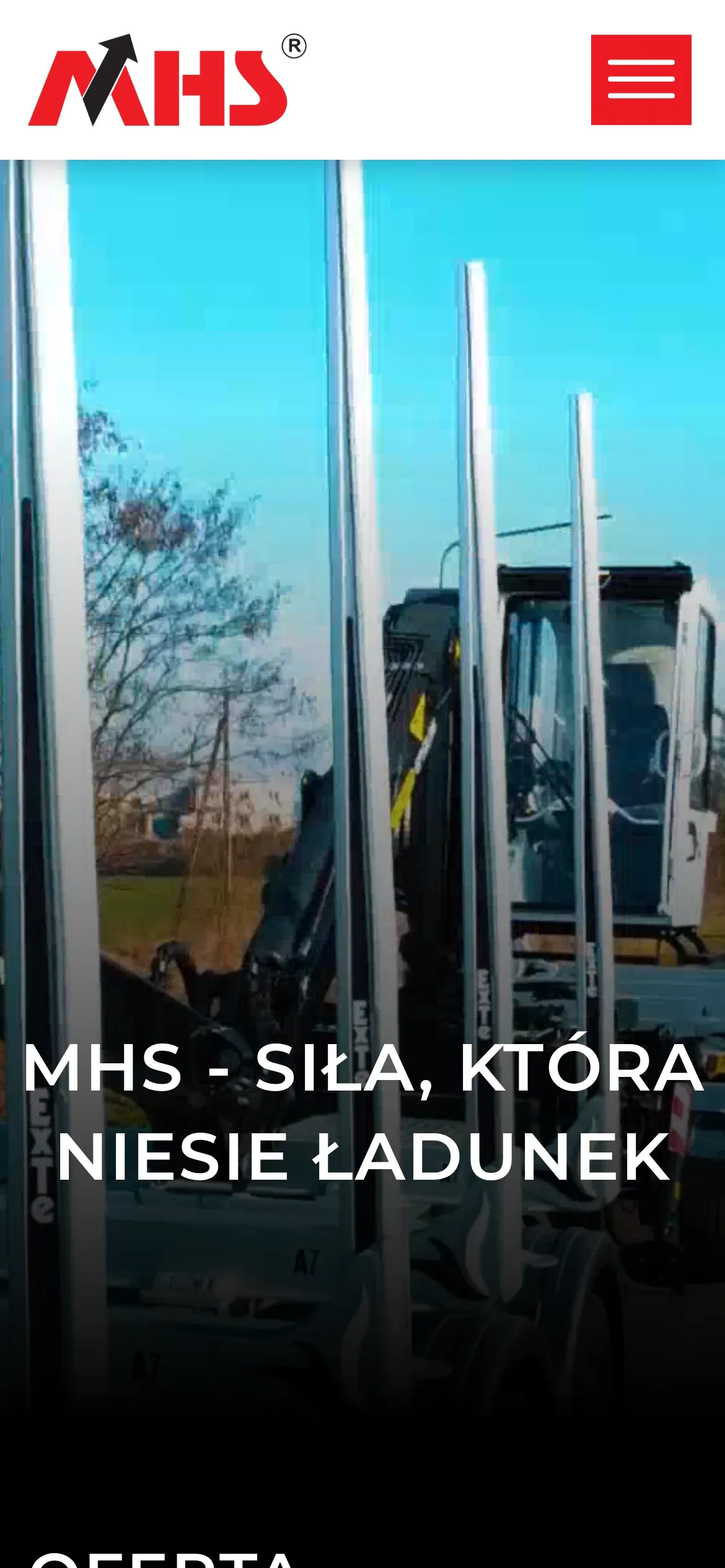Strona główna MHS na telefonie: logo, przycisk menu i film w nagłówku z hasłem „MHS – siła, która niesie ładunek”