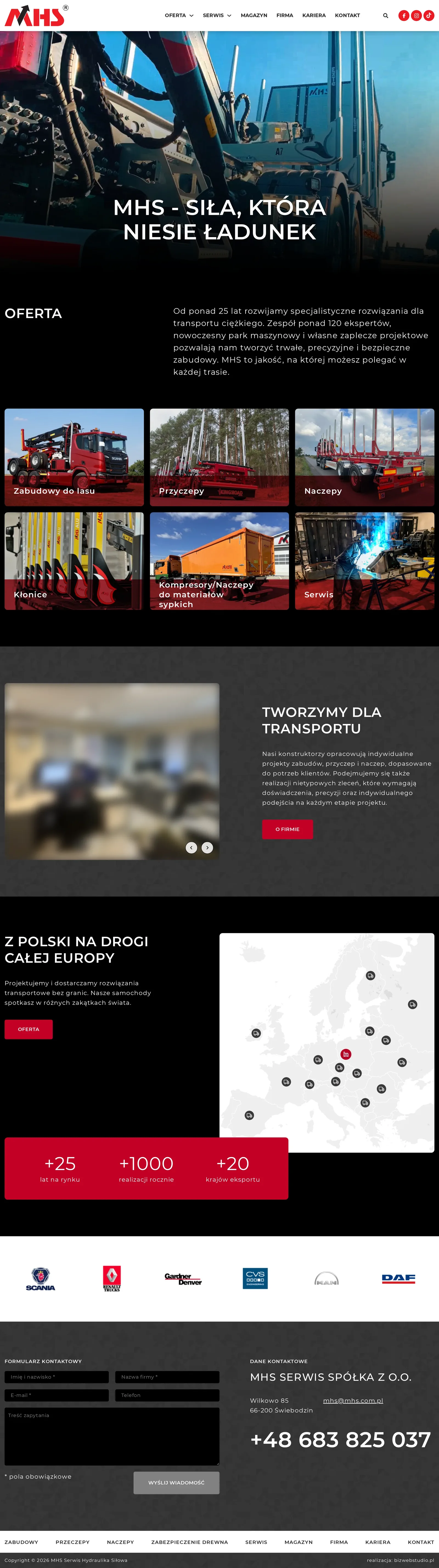 Cała strona główna MHS: film w nagłówku, sześć kafli oferty, sekcja „Tworzymy dla transportu”, mapa Europy z oznaczonymi krajami, logotypy partnerów, formularz kontaktowy i dane firmy