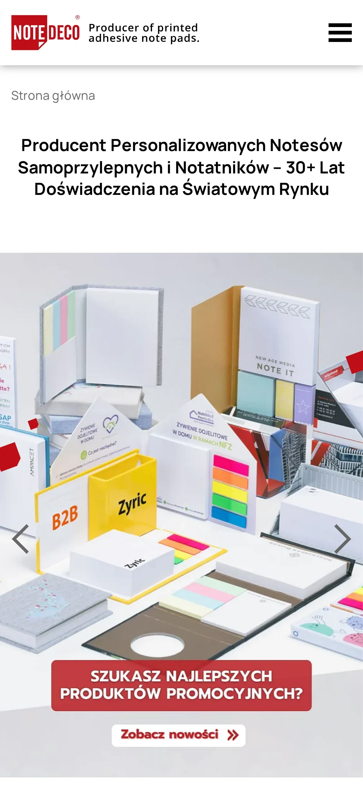 Strona główna Notedeco na telefonie: logo z hasłem „Producer of printed adhesive note pads”, przycisk menu, nagłówek strony i karuzela ze zdjęciem kolorowych notesów i zestawów