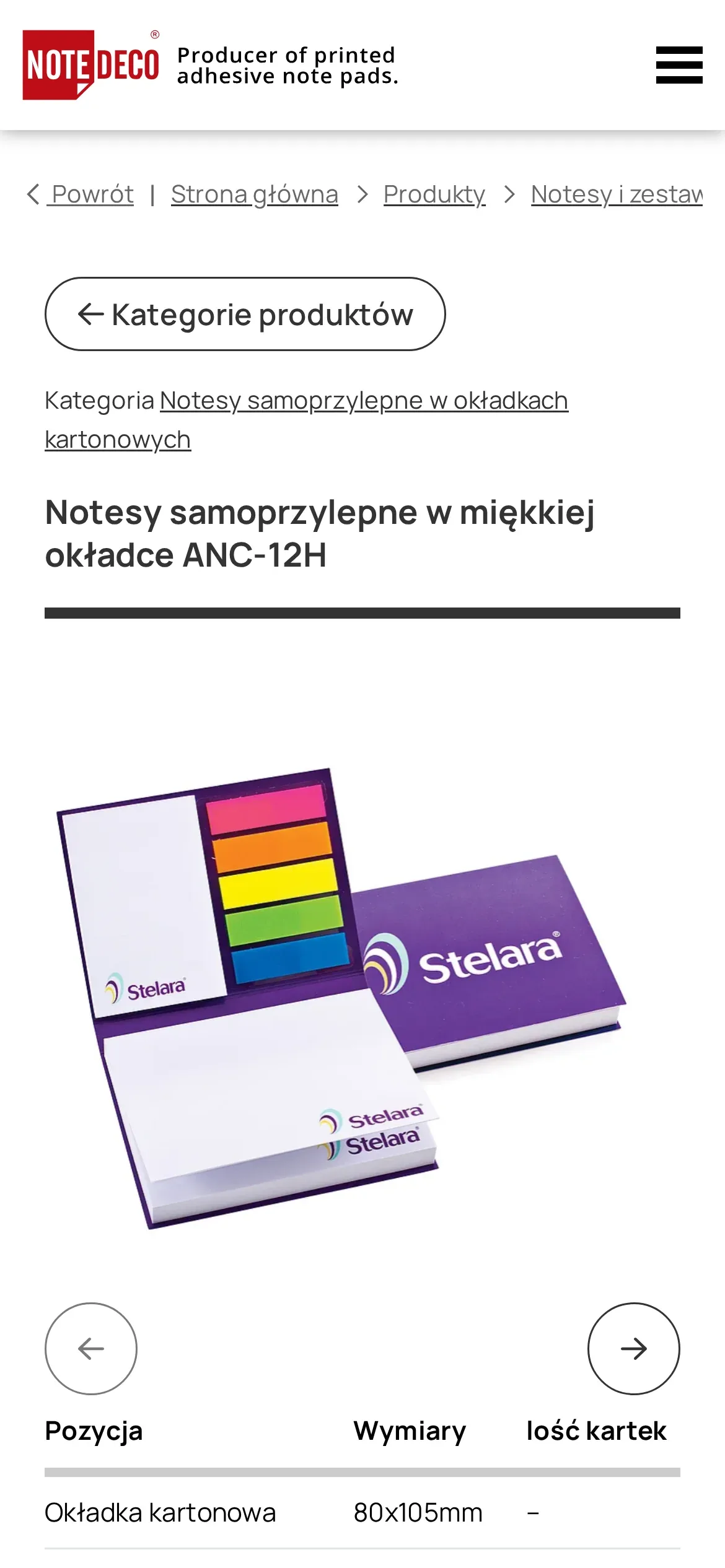 Karta notesów samoprzylepnych ANC-12H na telefonie: ścieżka nawigacji, przycisk „Kategorie produktów”, zdjęcie produktu ze strzałkami galerii i początek tabeli pozycji