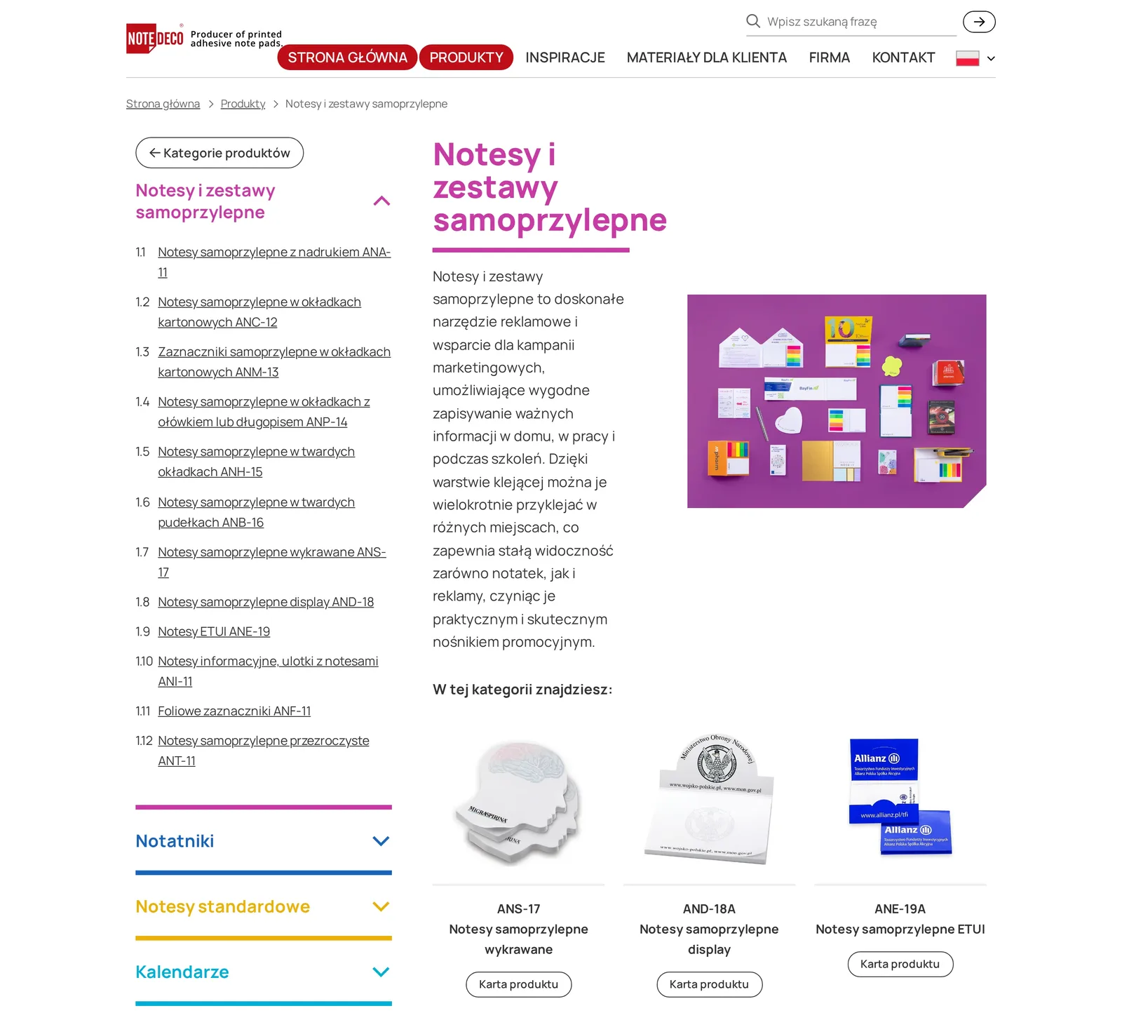 Grupa „Notesy i zestawy samoprzylepne” na komputerze: lewa kolumna z ponumerowanymi kategoriami od ANA-11 do ANT-11, opis grupy ze zdjęciem i kafle produktów ANS-17, AND-18A i ANE-19A
