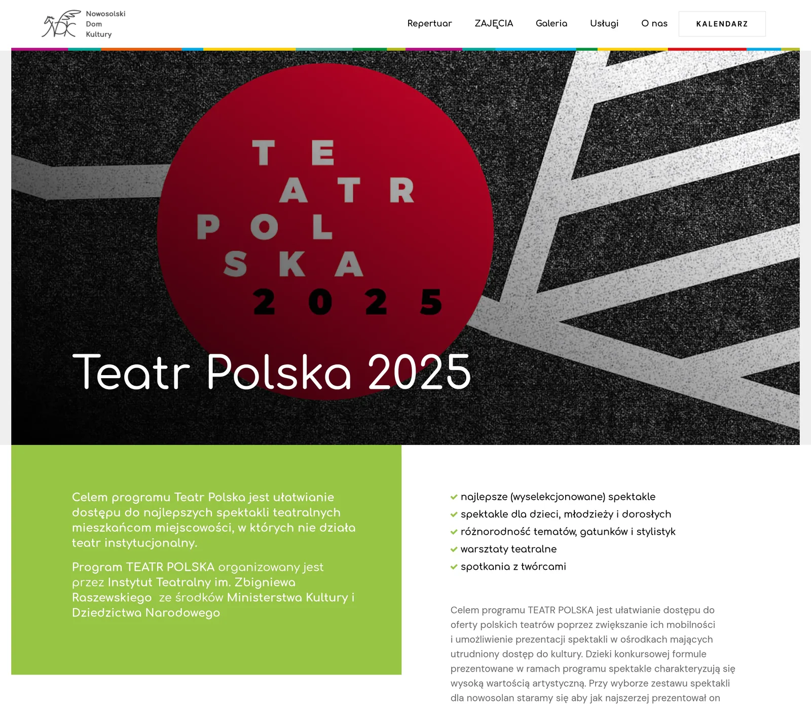 Podstrona „Teatr Polska 2025”: plakat programu w nagłówku, zielona ramka z celem programu i lista: najlepsze (wyselekcjonowane) spektakle, spektakle dla dzieci, młodzieży i dorosłych, różnorodność tematów, warsztaty teatralne, spotkania z twórcami