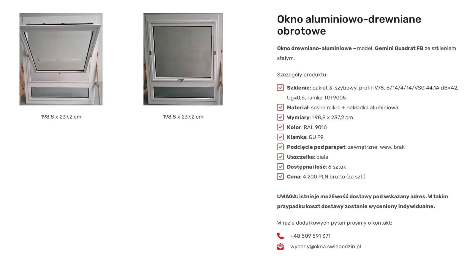 Pozycja outletu: okno aluminiowo-drewniane Gemini Quadrat FB ze zdjęciami, wymiarami, szkleniem, materiałem, kolorem, dostępną ilością i ceną brutto