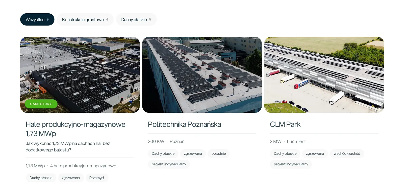 Lista realizacji RBT Solar na komputerze: filtry „Wszystkie”, „Konstrukcje gruntowe” i „Dachy płaskie” z liczbą projektów oraz karty hal 1,73 MWp (Case study), Politechniki Poznańskiej i CLM Park z mocą, miejscem i cechami konstrukcji