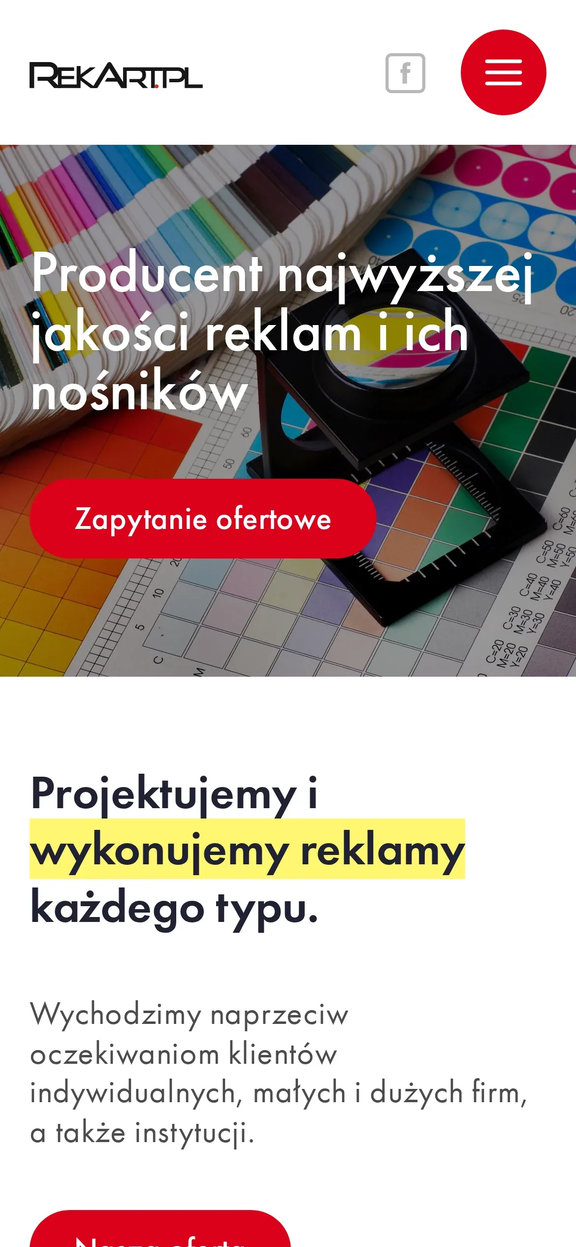 Strona główna RekArt.pl na telefonie: hasło na zdjęciu wzorników, przycisk „Zapytanie ofertowe” i początek wstępu „Projektujemy i wykonujemy reklamy każdego typu”
