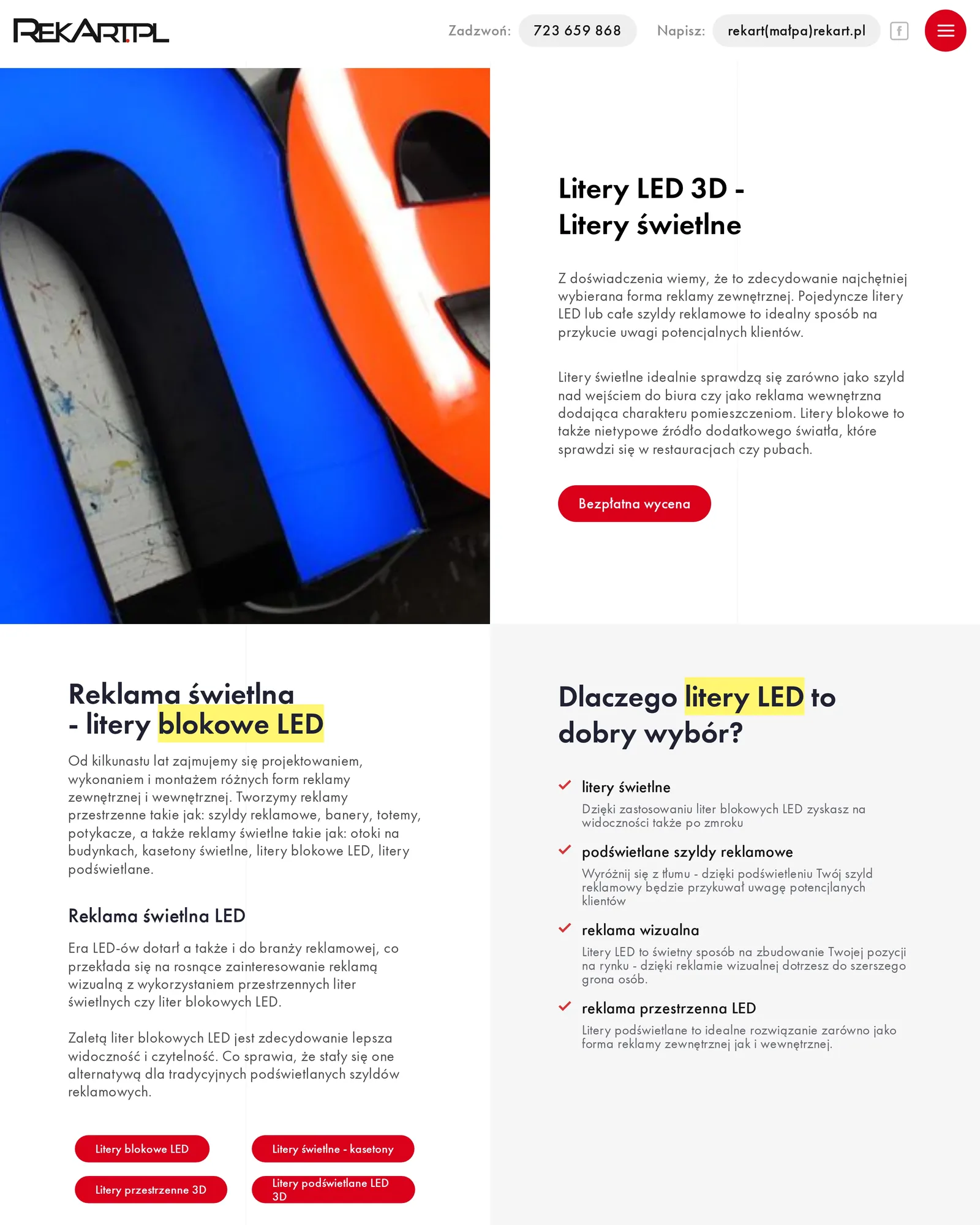 Podstrona „Litery LED 3D – litery świetlne” na komputerze: zdjęcie podświetlanych liter, opis, lista „Dlaczego litery LED to dobry wybór?” i przyciski odmian liter prowadzące do wyceny
