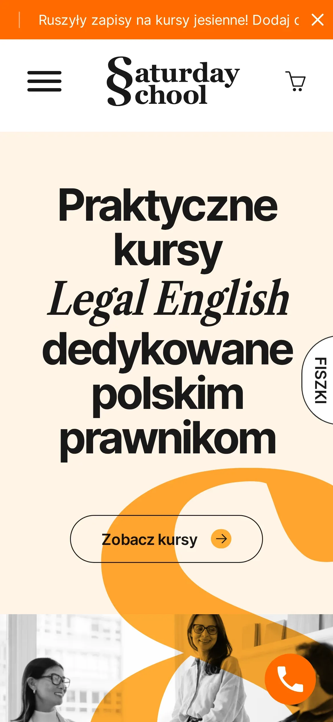 Strona główna Saturday School na telefonie: logo, przycisk menu i koszyk, hasło „Praktyczne kursy Legal English dedykowane polskim prawnikom” i przycisk „Zobacz kursy”