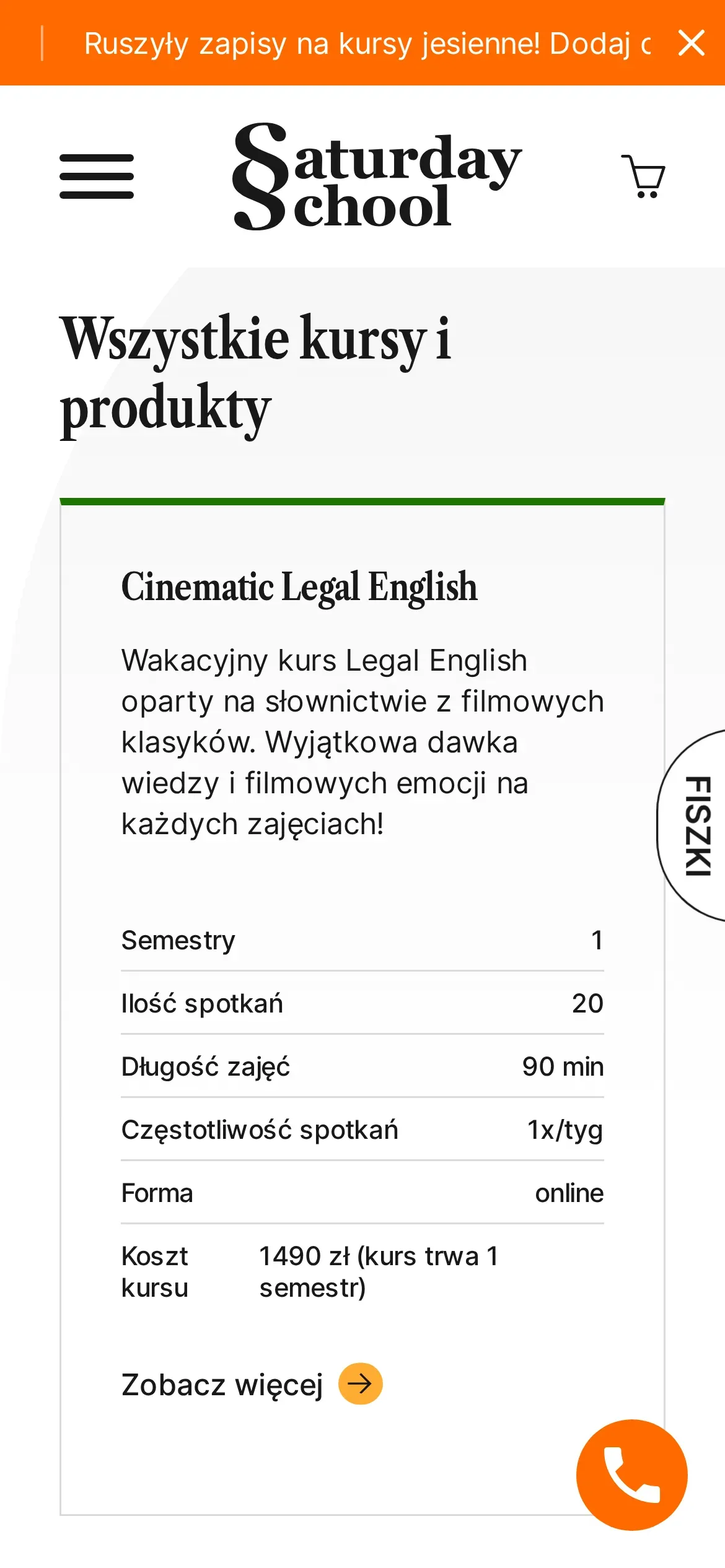 Lista kursów na telefonie: karta Cinematic Legal English z opisem i tabelą parametrów – semestry, liczba spotkań, długość i częstotliwość zajęć, forma online i koszt